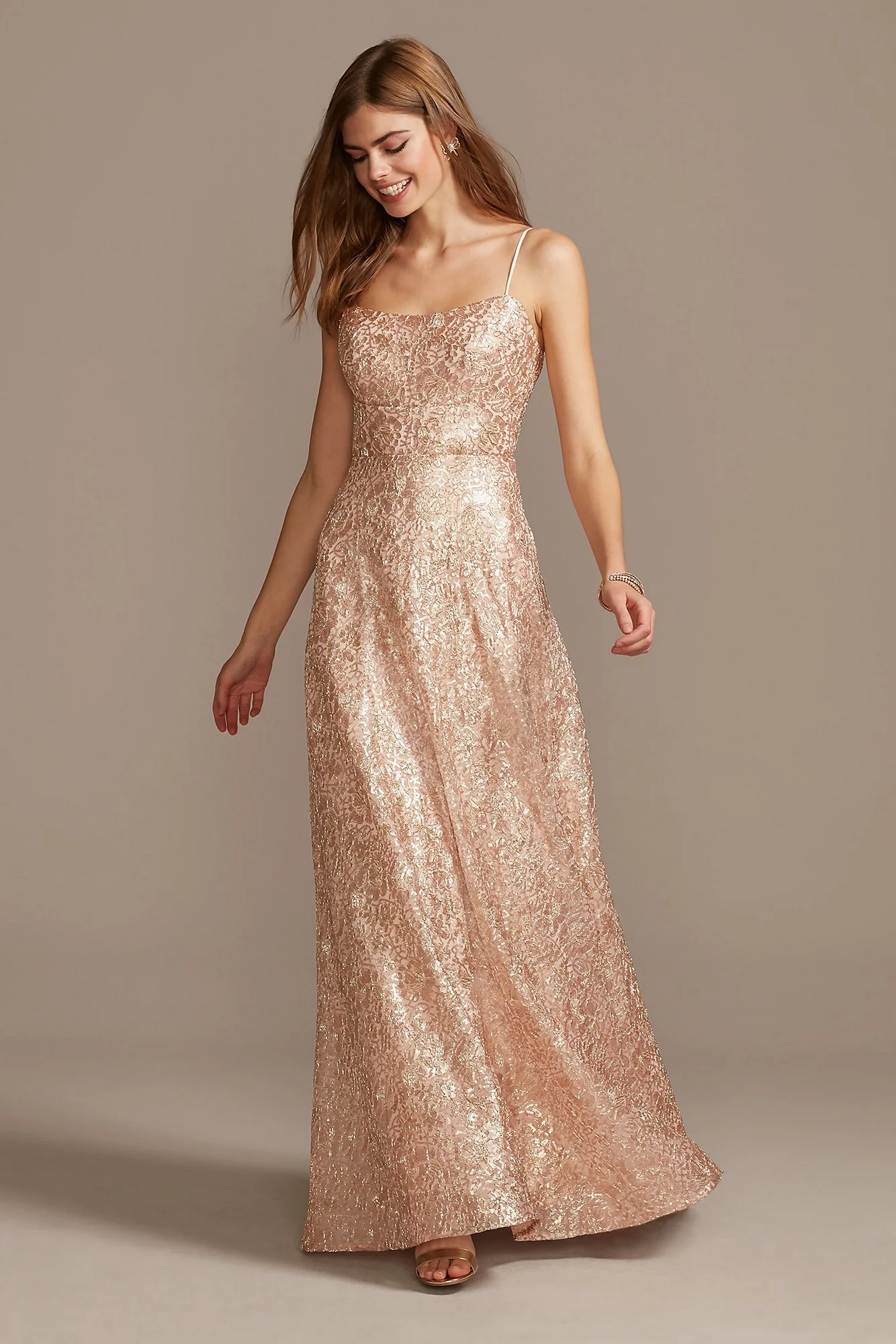 Floral Corded Lace Sequin Gown with Lace-Up Back - Image 2