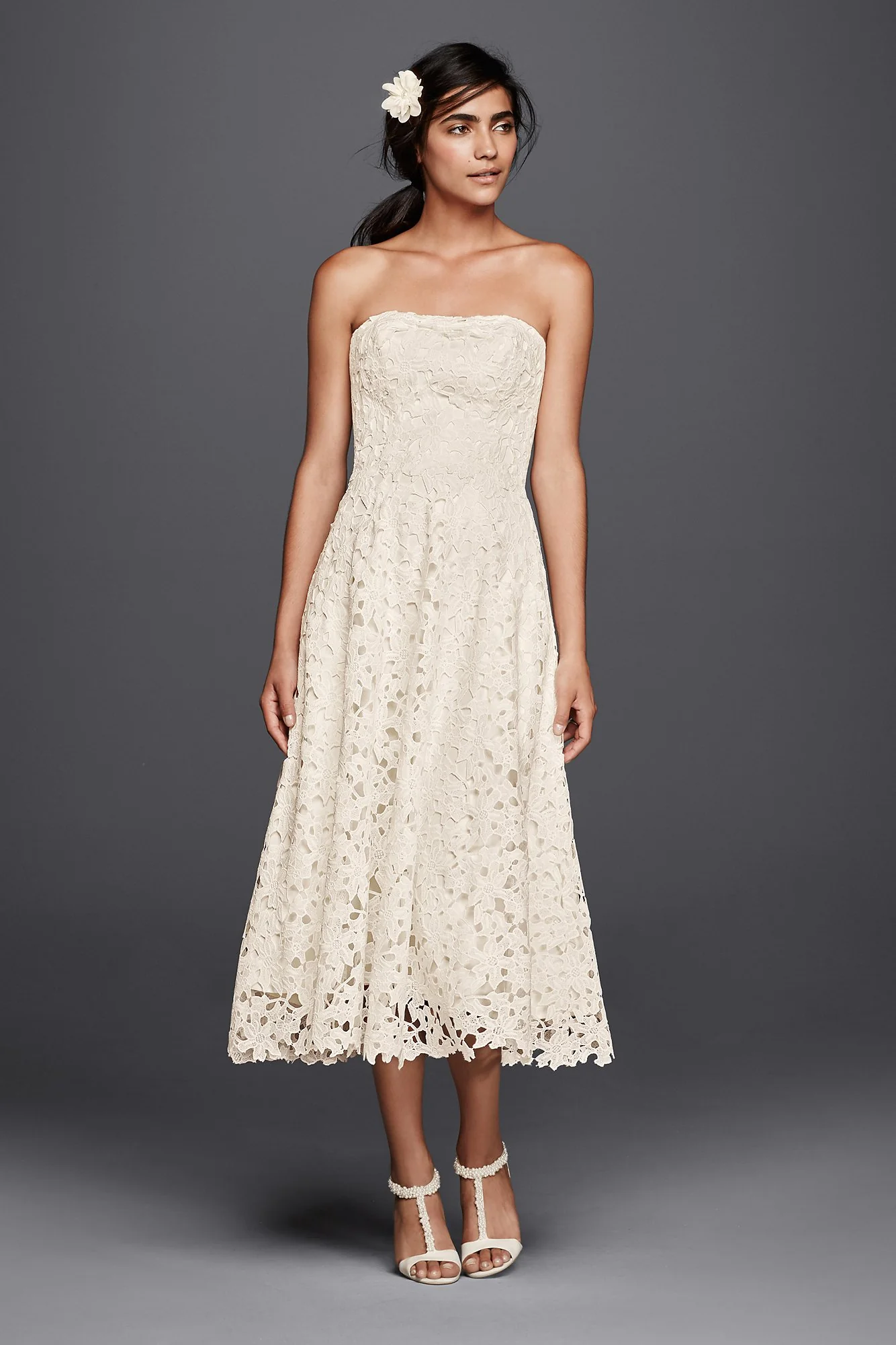 Floral Cutout Lace Tea Length Wedding Dress - Image 3