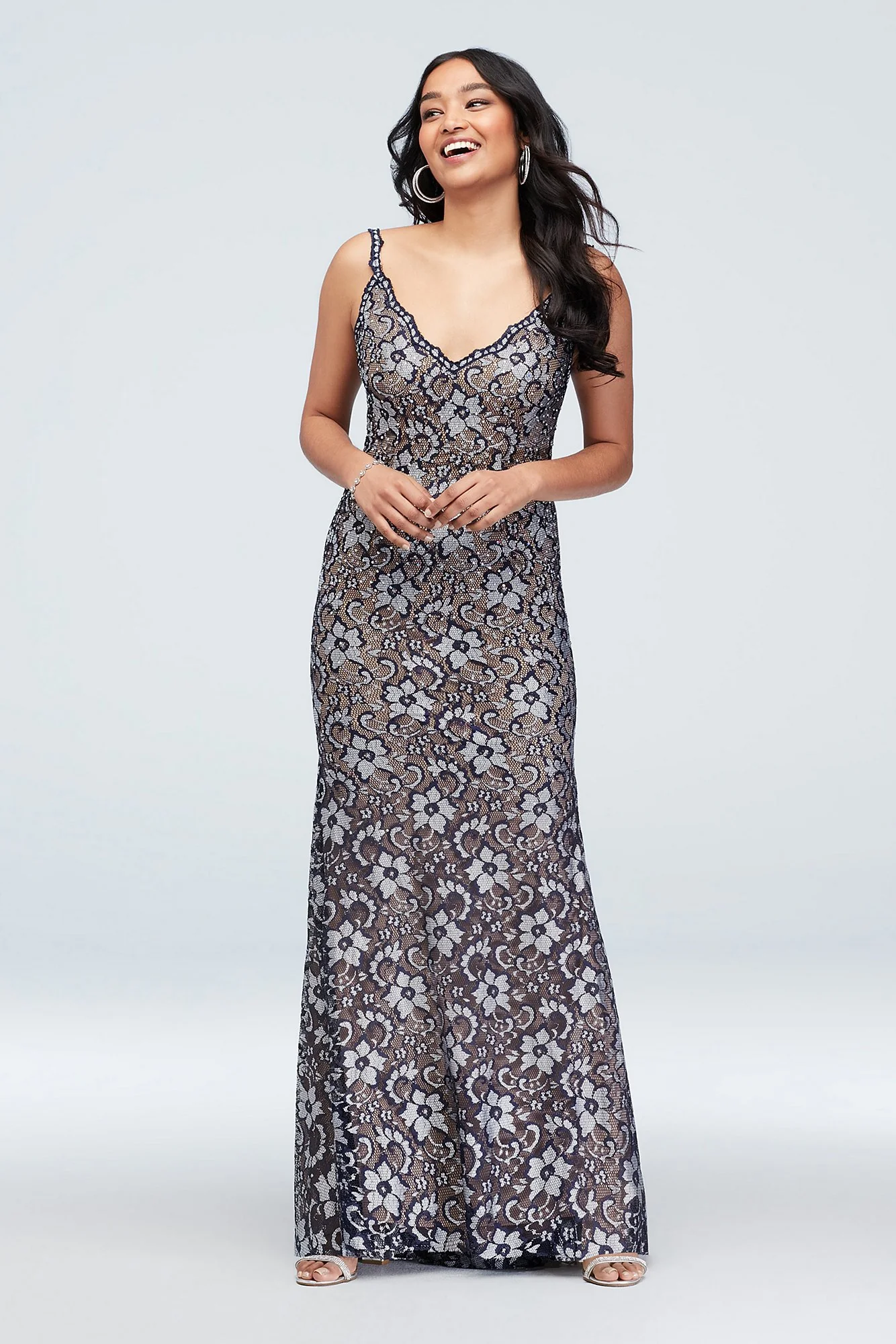 Floral Embellished Deep-V Gown with Lace Trim - Image 2