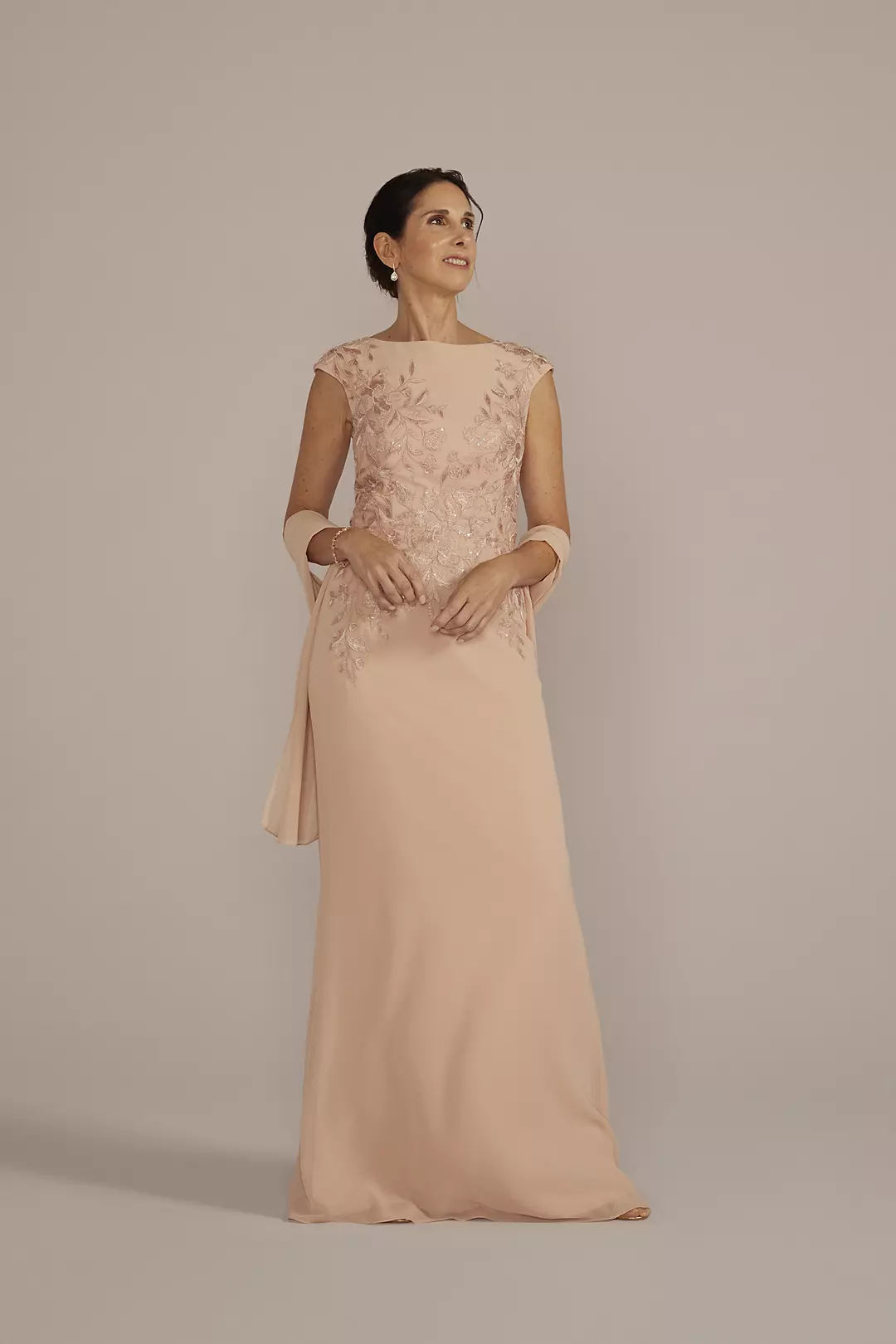 Floral Embroidered Chiffon Gown with Shawl - Image 13