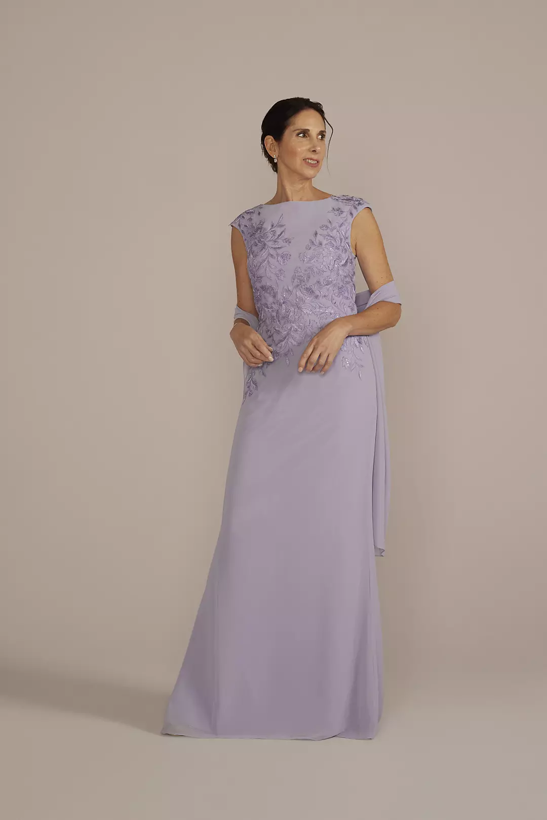 Floral Embroidered Chiffon Gown with Shawl - Image 3