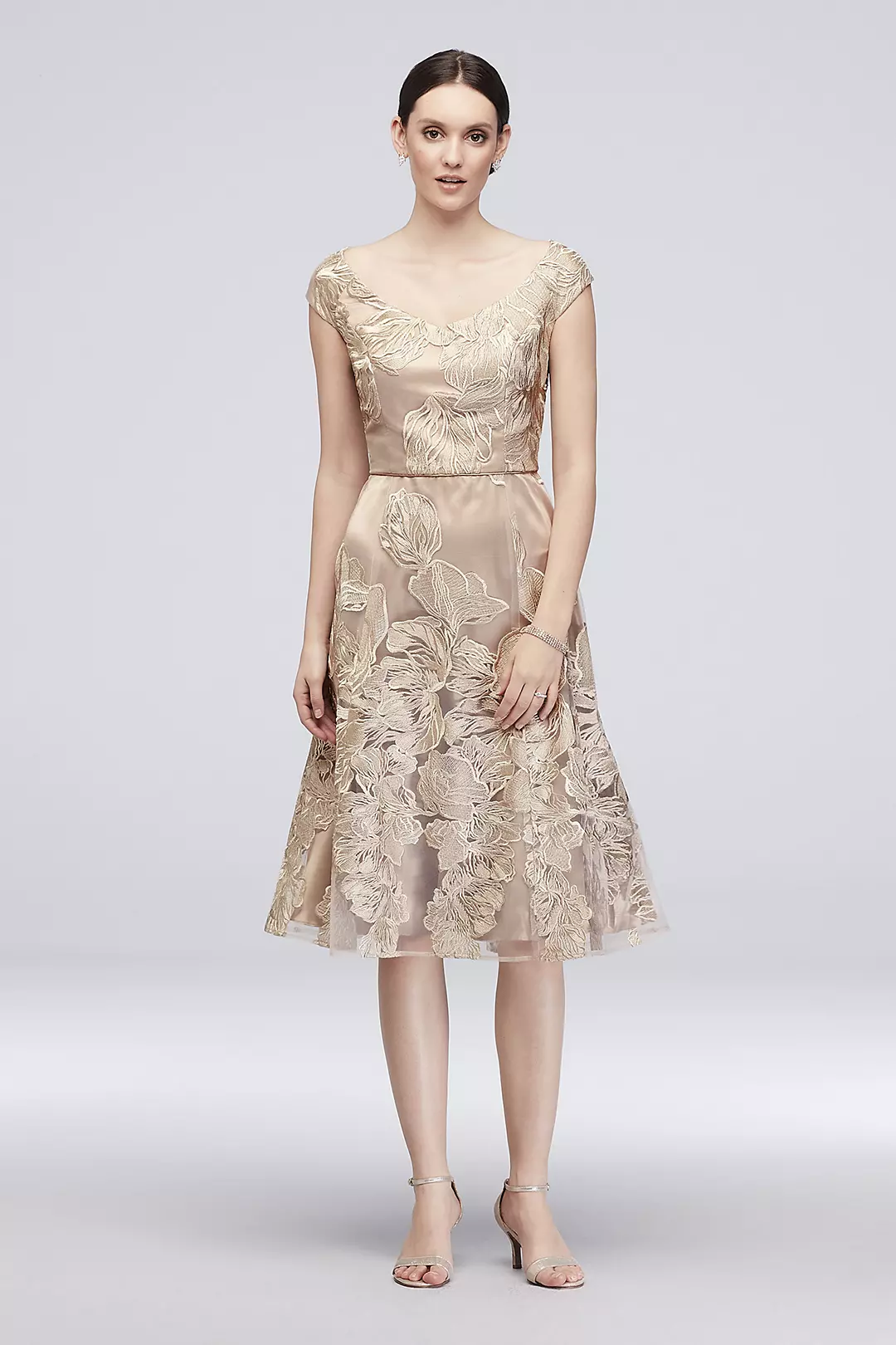 Floral Embroidered Short Cap Sleeve A-Line Dress - Image 3