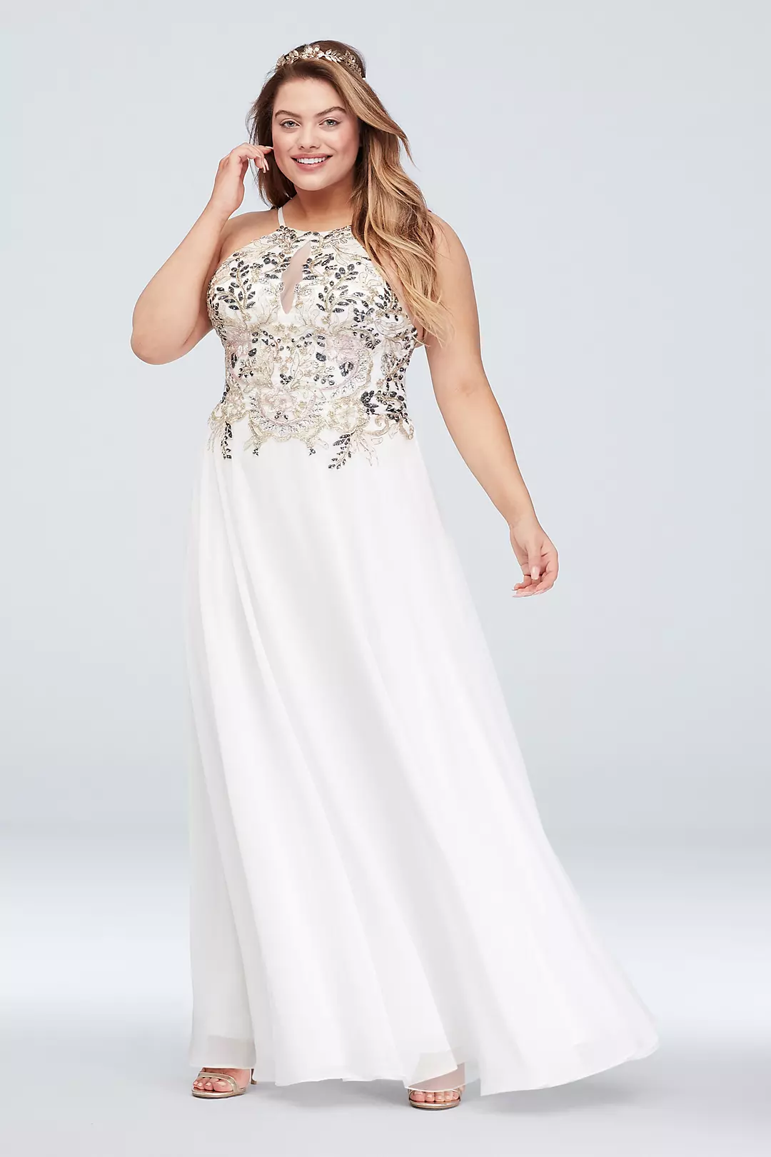 Floral Halter Gown with Keyhole and Chiffon Skirt - Image 4