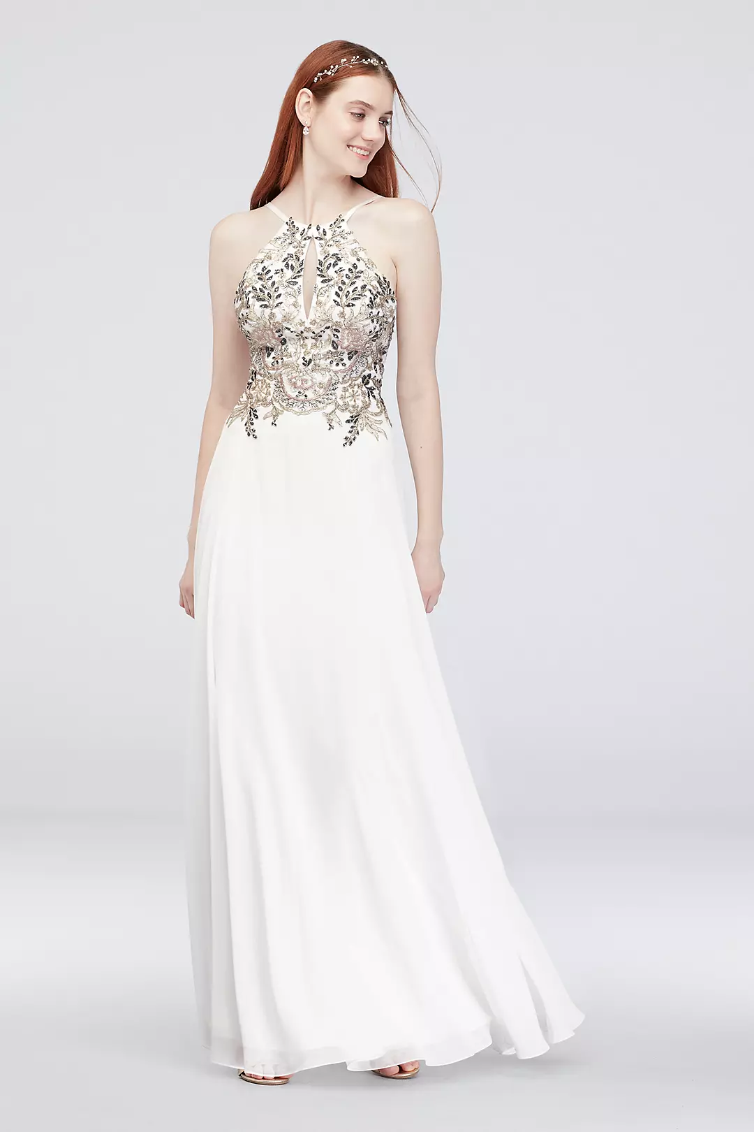 Floral Halter Gown with Keyhole and Chiffon Skirt - Image 5