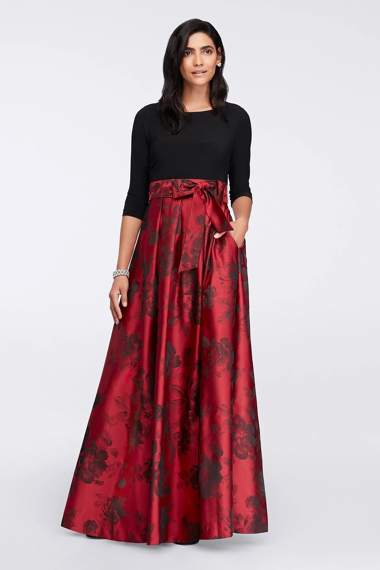 Floral Jacquard 3/4 Sleeve Ball Gown with Sash - Image 2