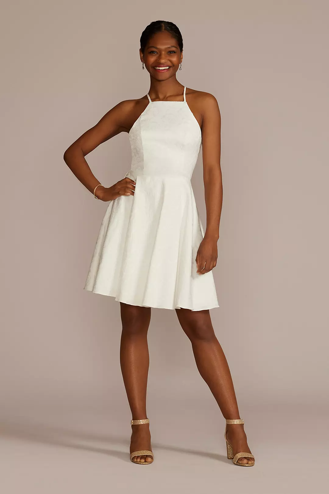 Floral Jacquard Halter Mini A-Line Dress - Image 3