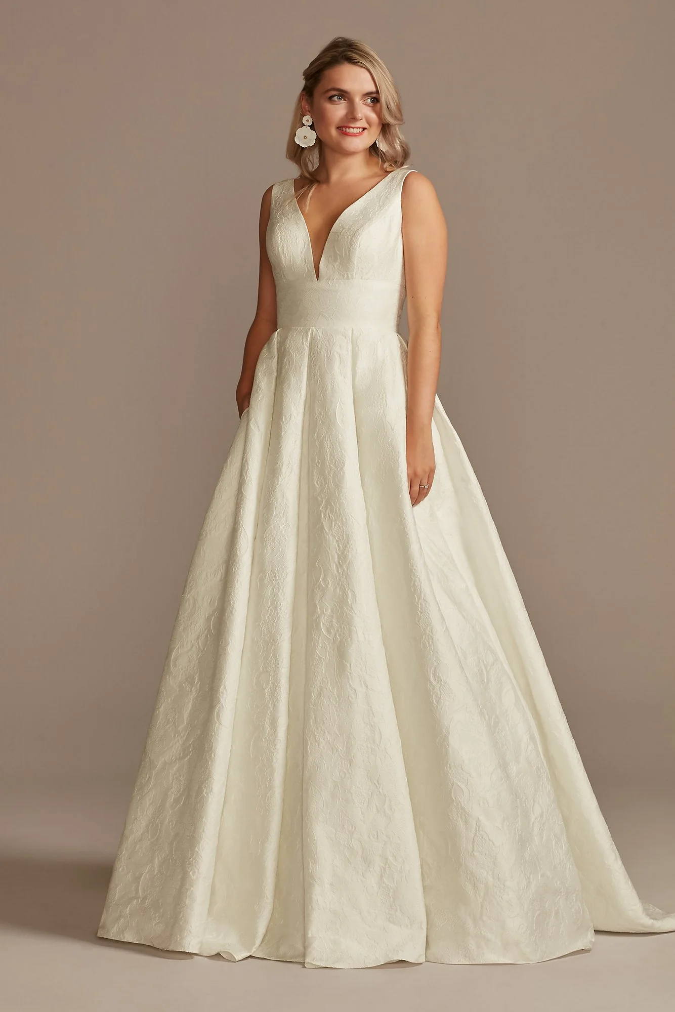 Floral Jacquard V-Neck Wedding Dress