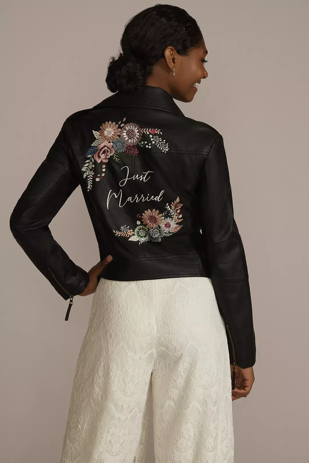 Floral Just Married Vegan Leather Moto Jacket - Image 2