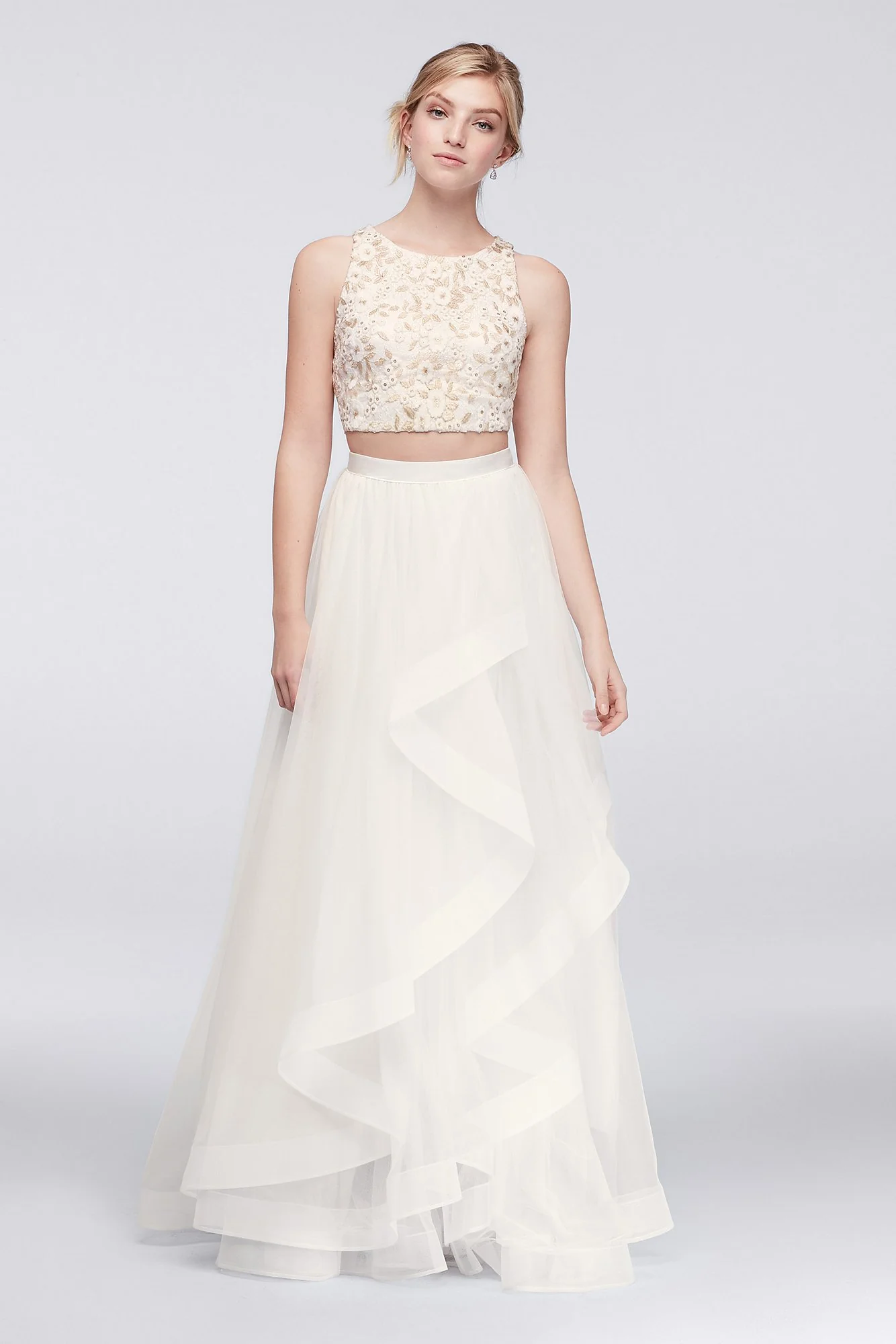 Floral Lace and Cascading Mesh Two-Piece Dress