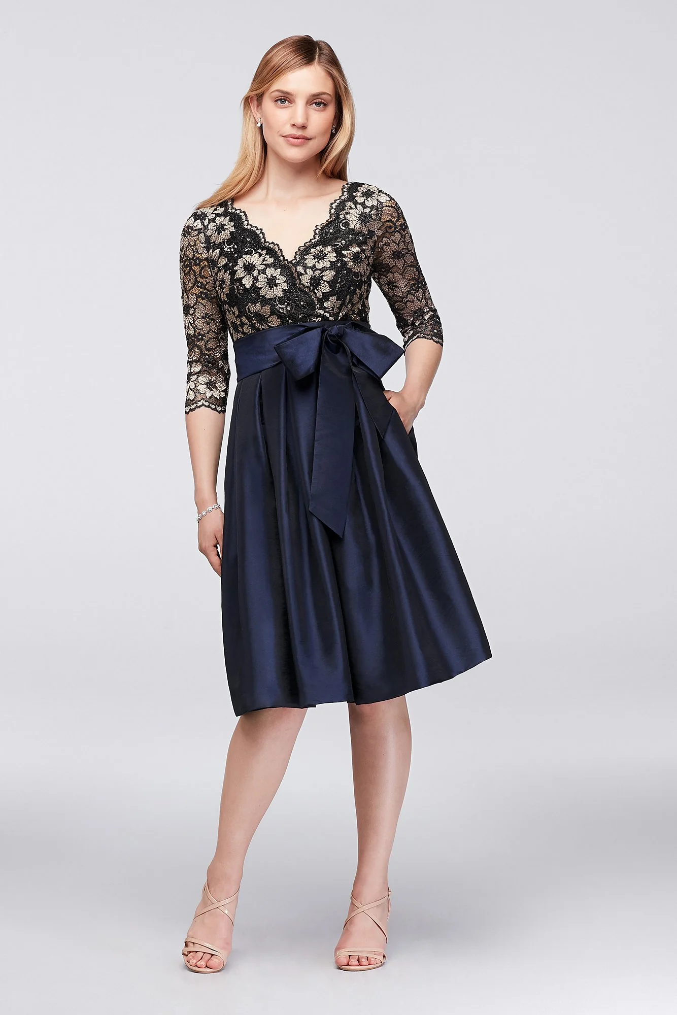 Floral Lace and Shantung Fit-and-Flare Dress - Image 2