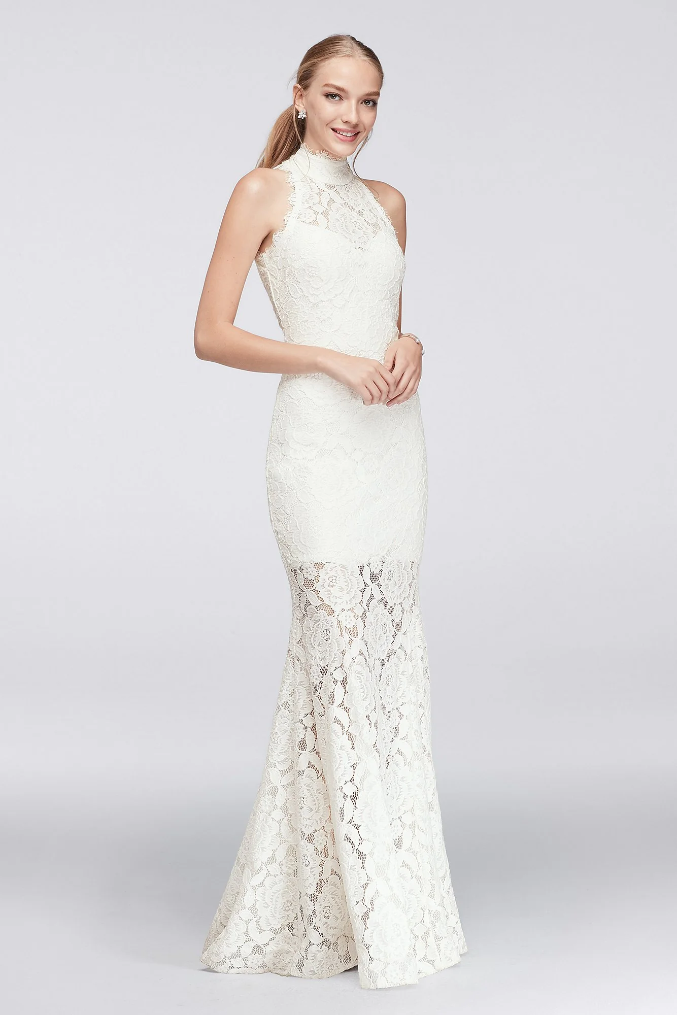 Floral Lace High-Neck Gown with Open Back