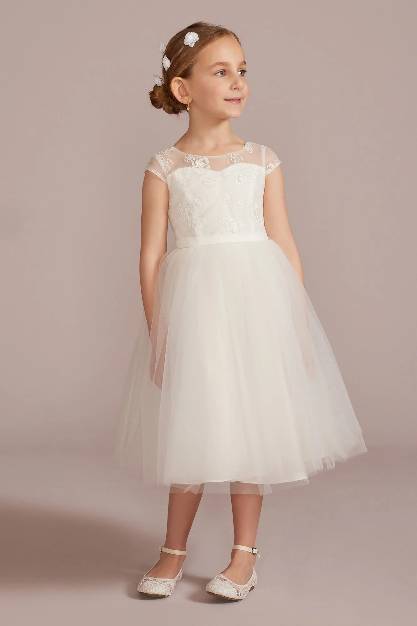 Floral Lace Illusion Cap Sleeve Flower Girl Dress