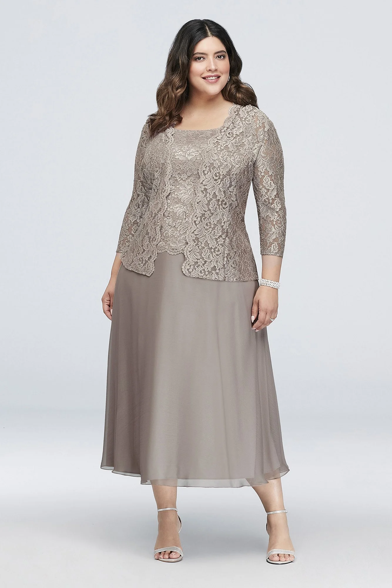 Floral Lace Plus Size Dress with 3/4 Sleeve Jacket