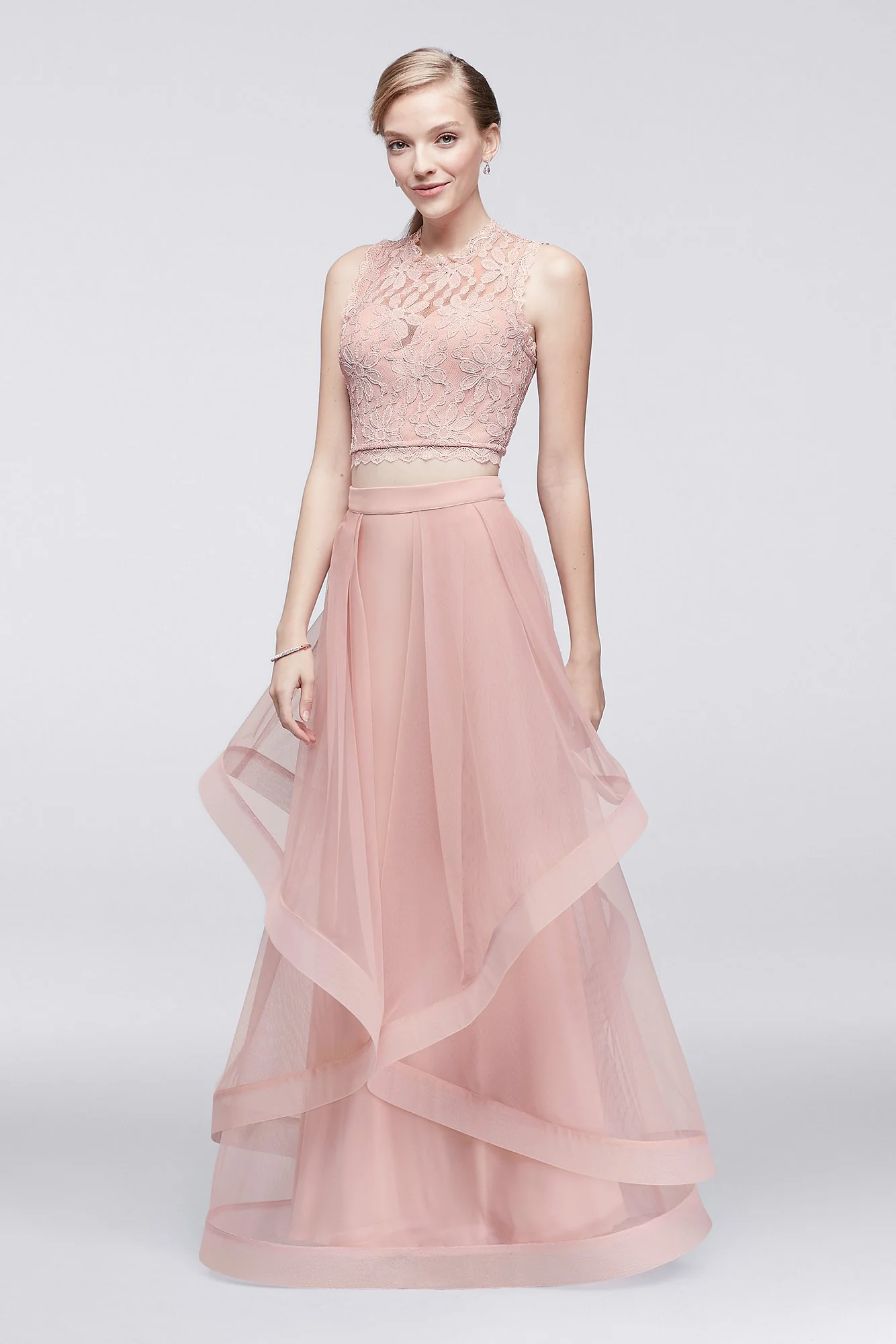 Floral Lace Top and Mesh Skirt Two-Piece Dress - Image 2