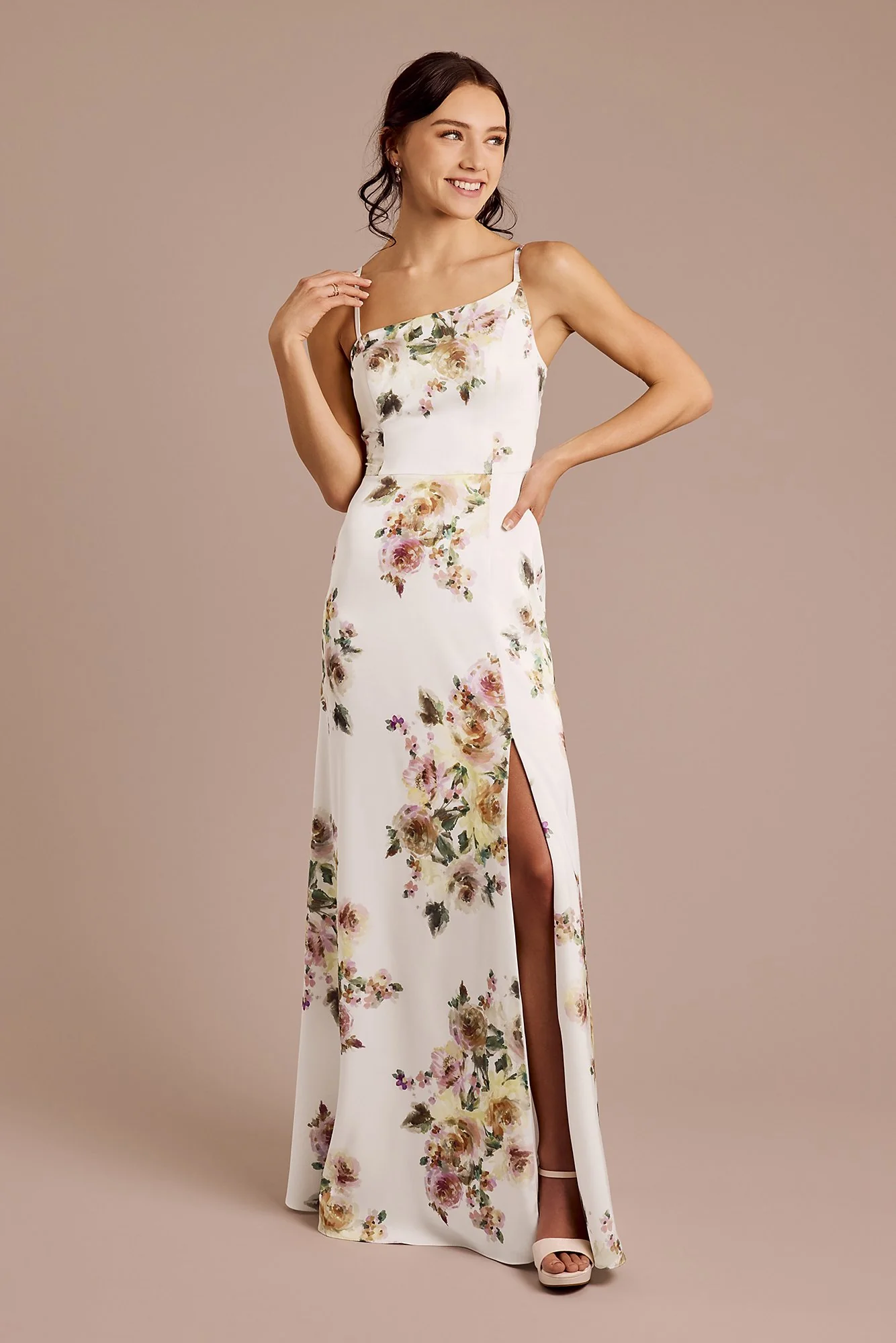 Floral Matte Satin Asymmetrical Strap A-Line Dress - Image 7