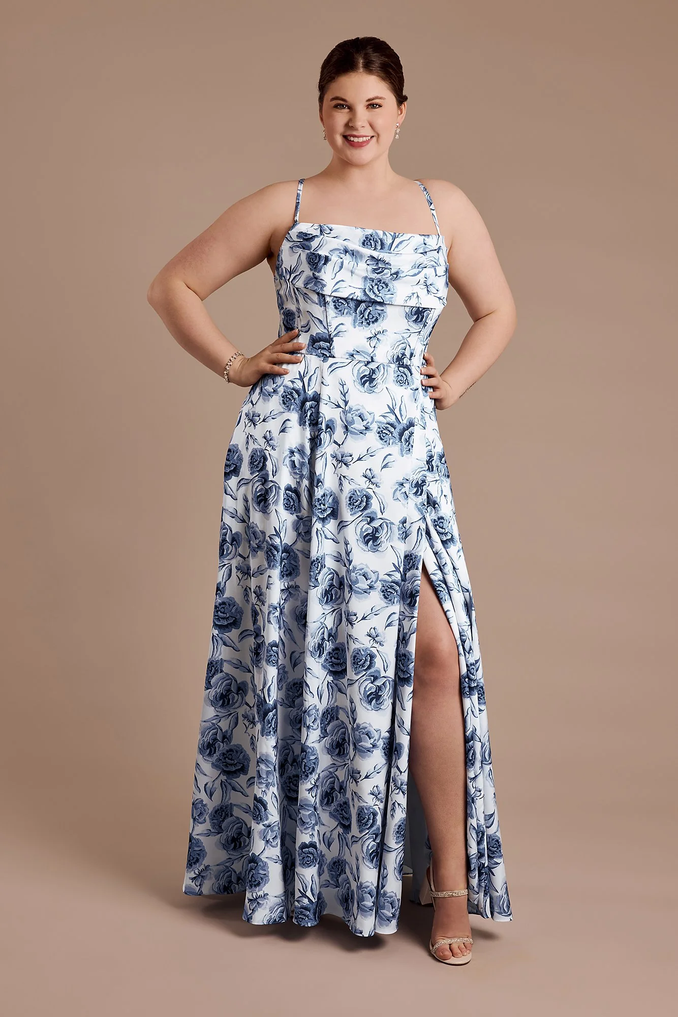 Floral Matte Satin Cowl Neck A-Line Dress - Image 2