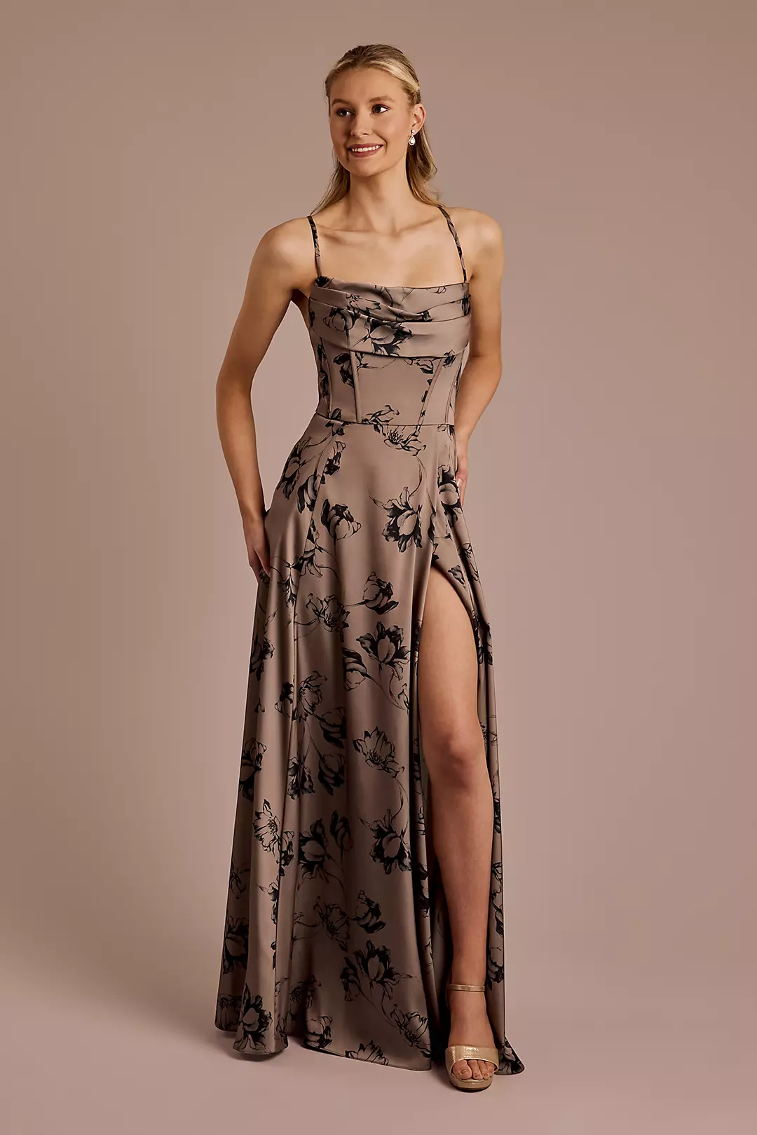 Floral Matte Satin Cowl Neck A-Line Dress - Image 24