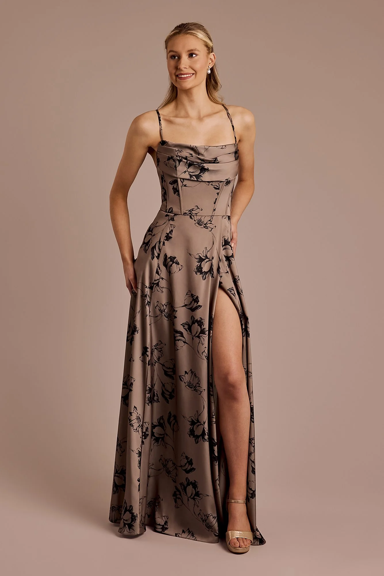 Floral Matte Satin Cowl Neck A-Line Dress - Image 6