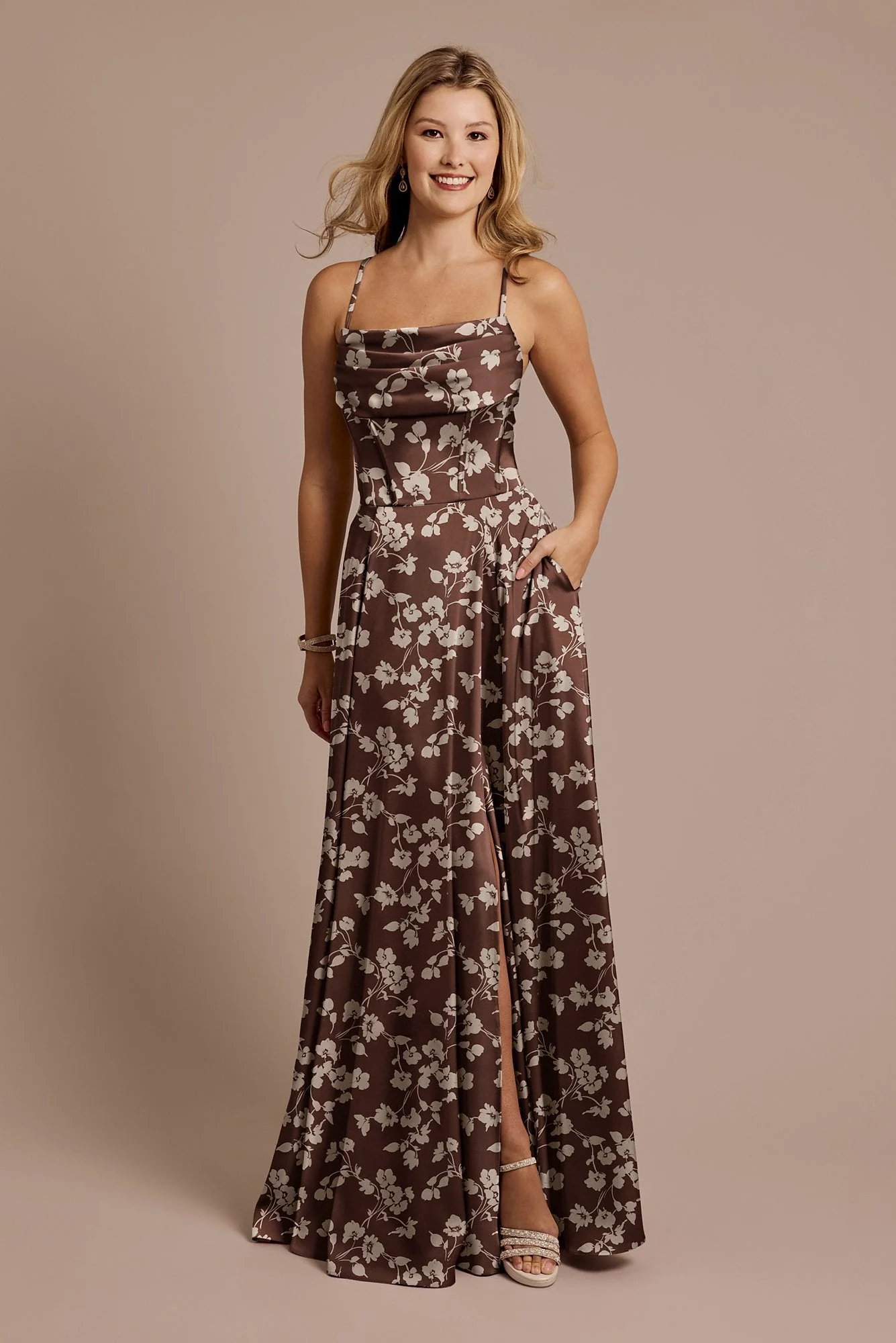 Floral Matte Satin Cowl Neck A-Line Dress - Image 8