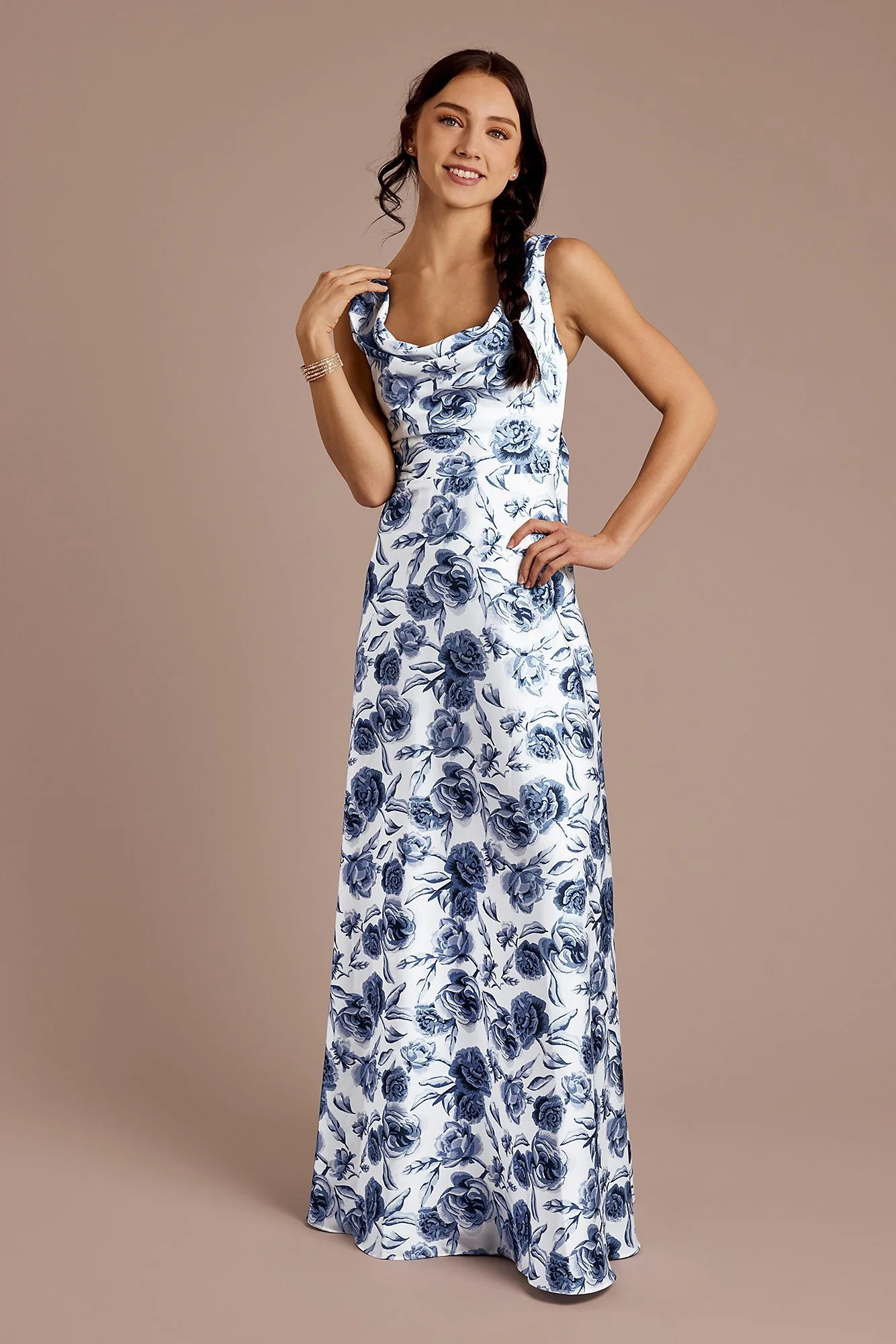 Floral Matte Satin Cowl Neck Tie Back Dress