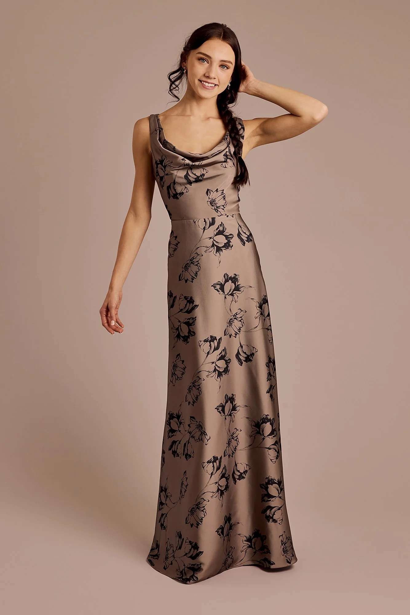 Floral Matte Satin Cowl Neck Tie Back Dress - Image 2