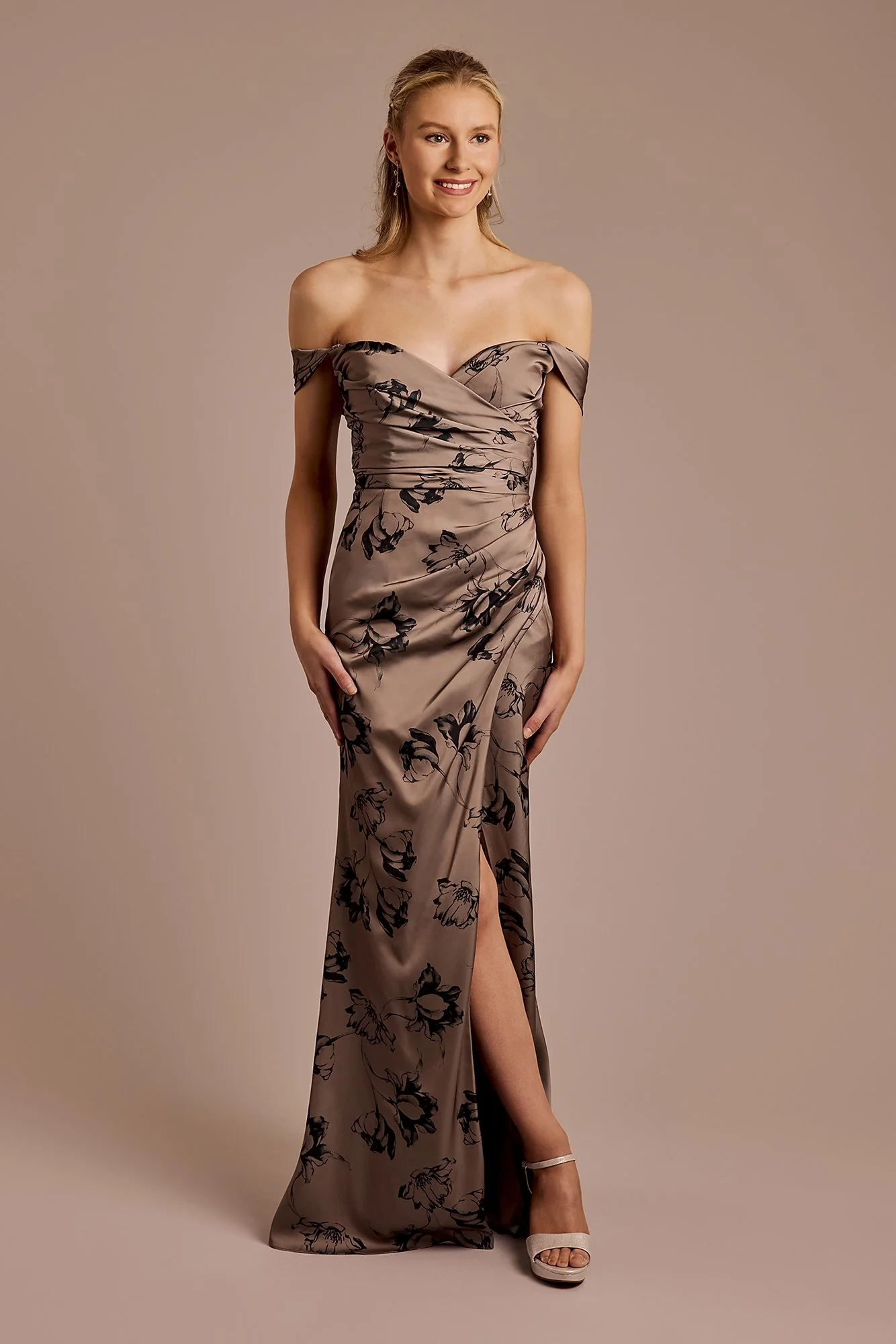 Floral Matte Satin Off-the-Shoulder Sheath Dress - Image 3