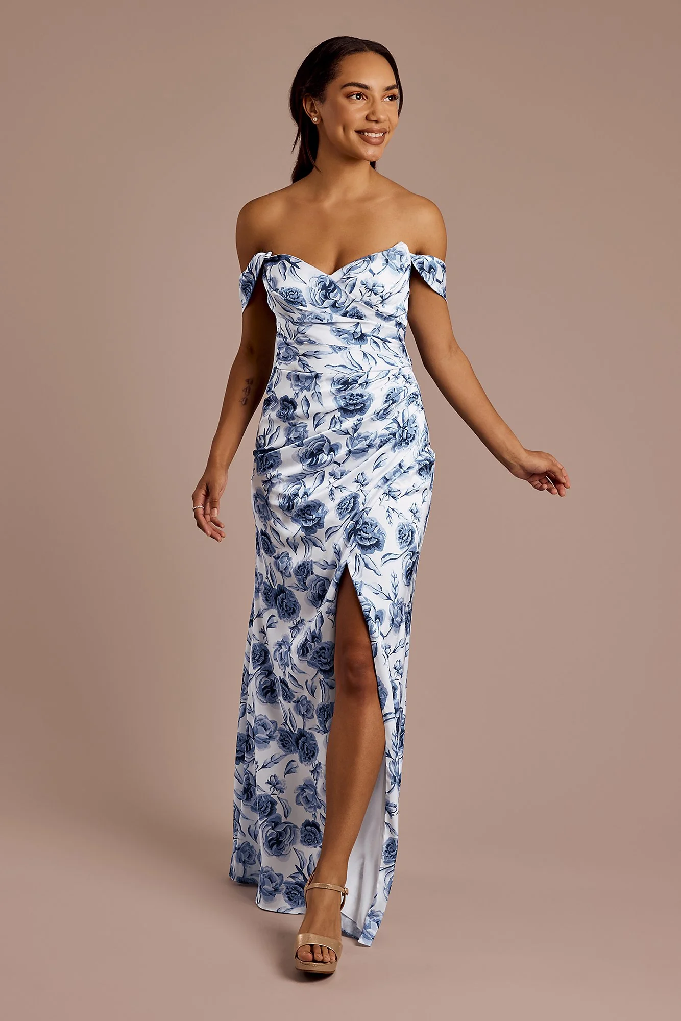 Floral Matte Satin Off-the-Shoulder Sheath Dress - Image 4