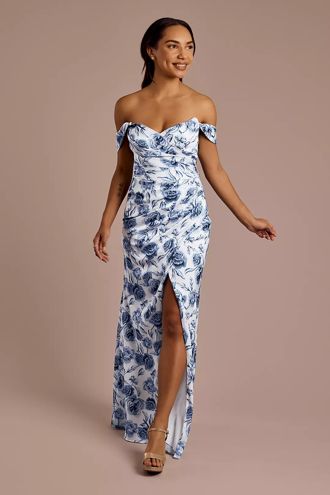 Floral Matte Satin Off-the-Shoulder Sheath Dress - Image 9