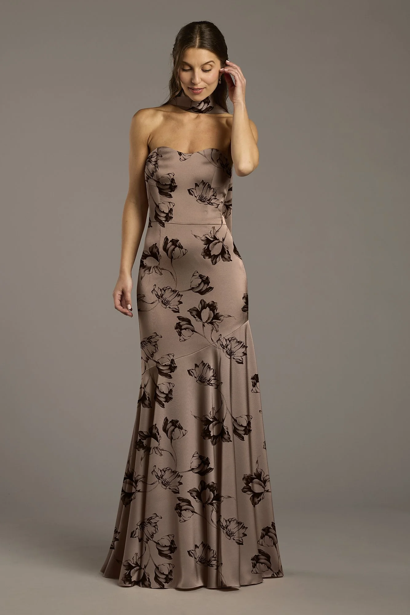 Floral Matte Satin Sweetheart Dress with Scarf - Image 5