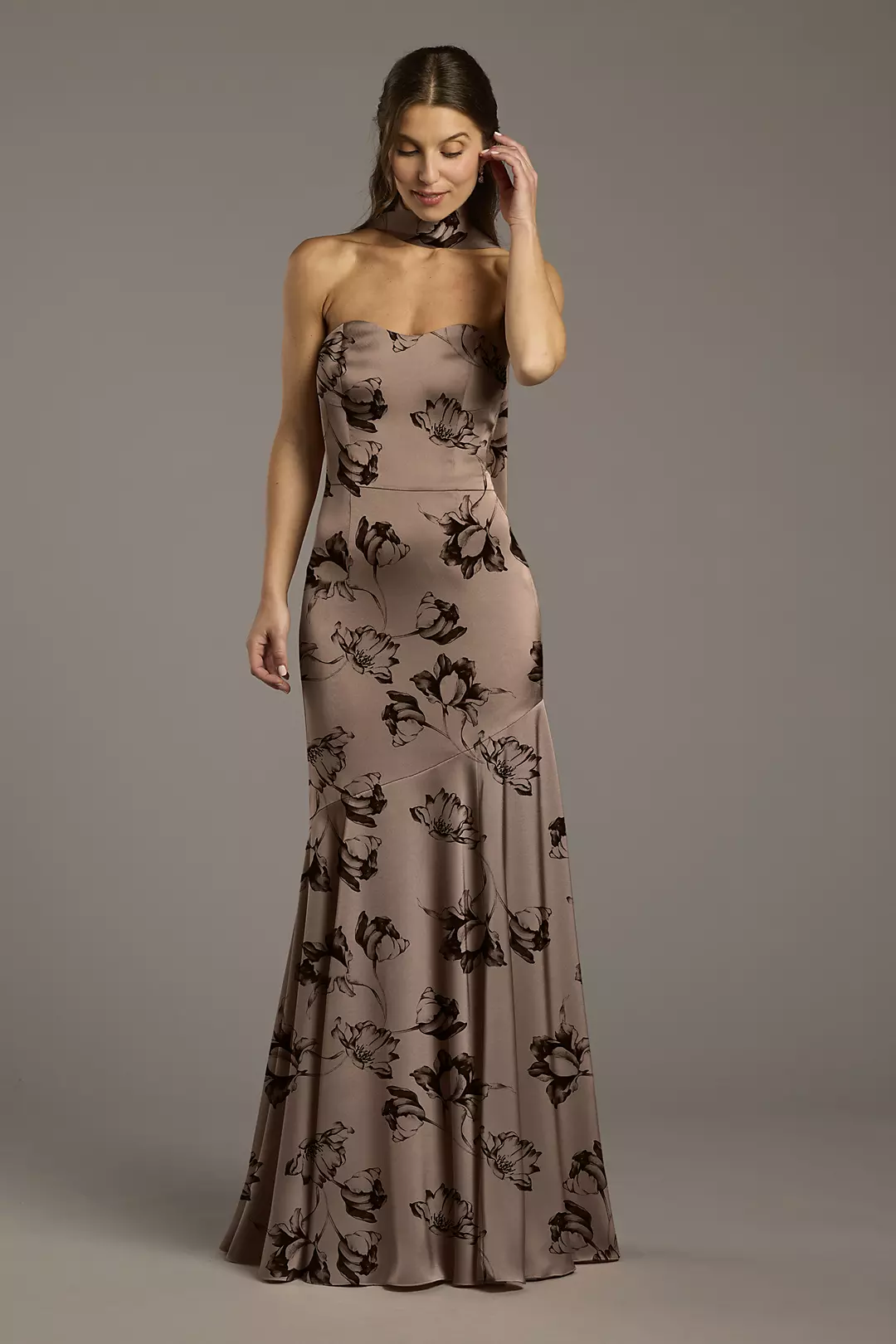 Floral Matte Satin Sweetheart Dress with Scarf - Image 55