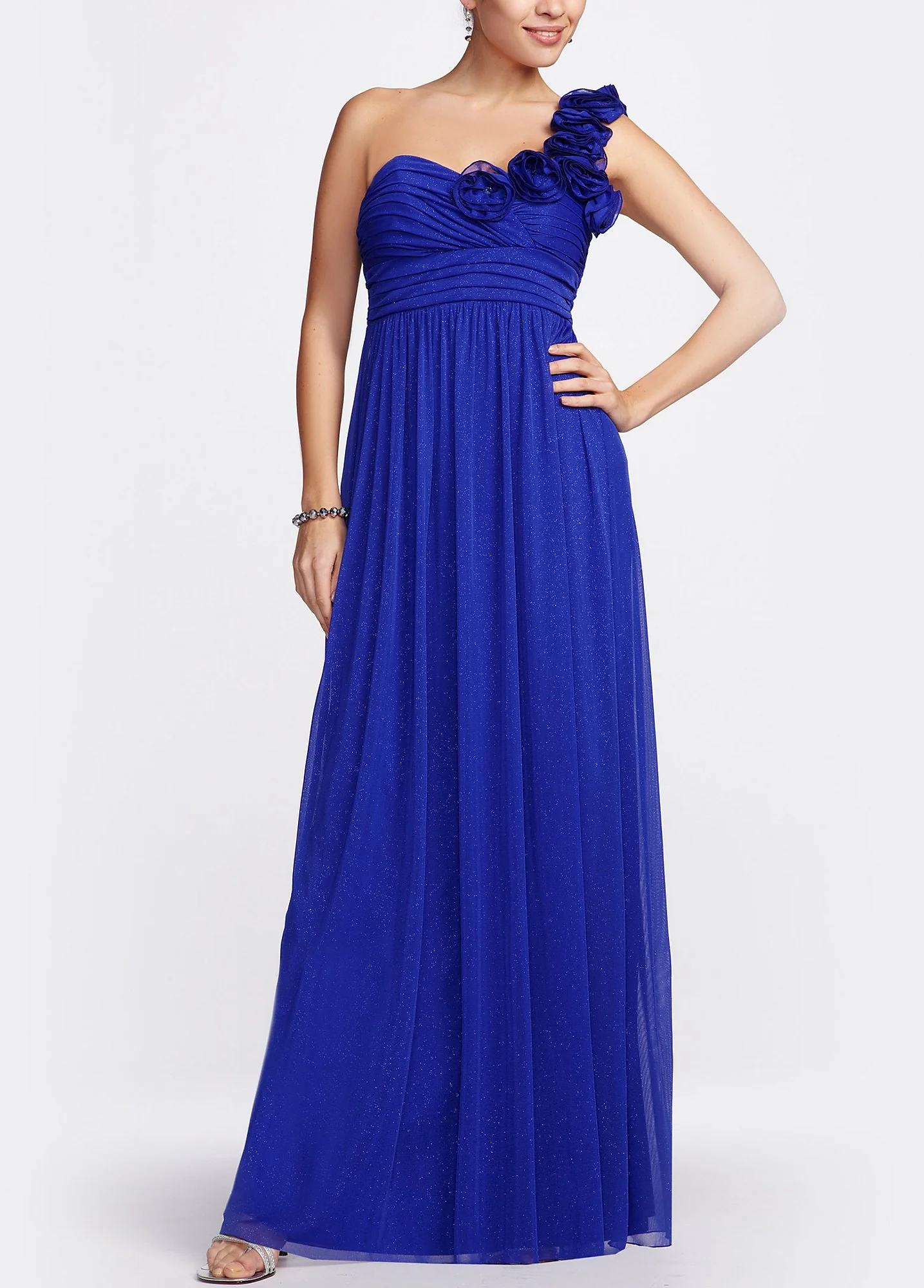 Floral One Shoulder Glitter Mesh Gown