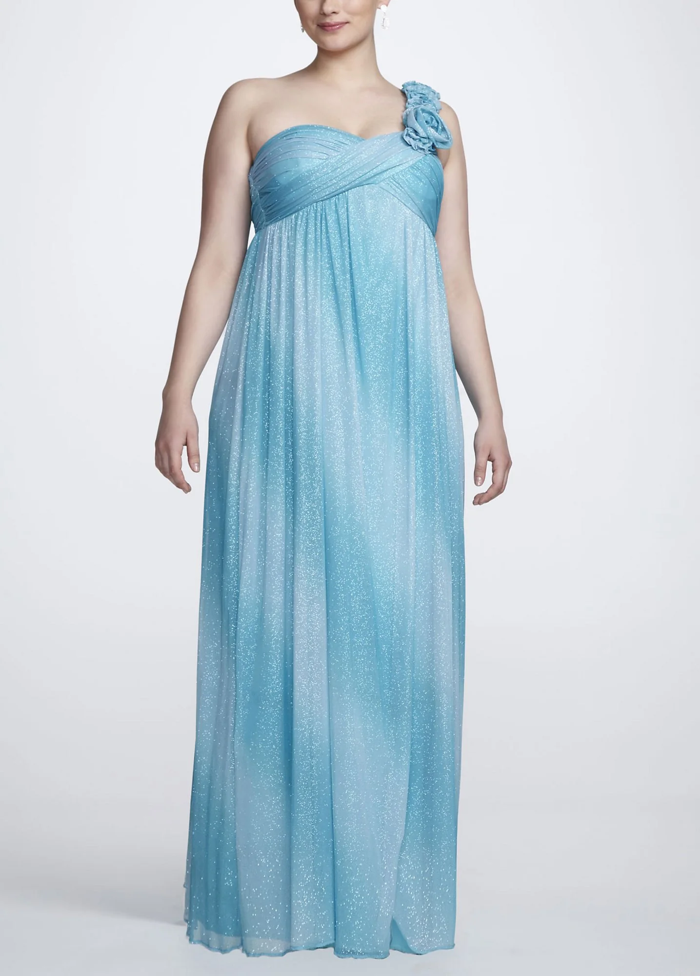 Plus Size Floral One Shoulder Glitter Mesh Gown