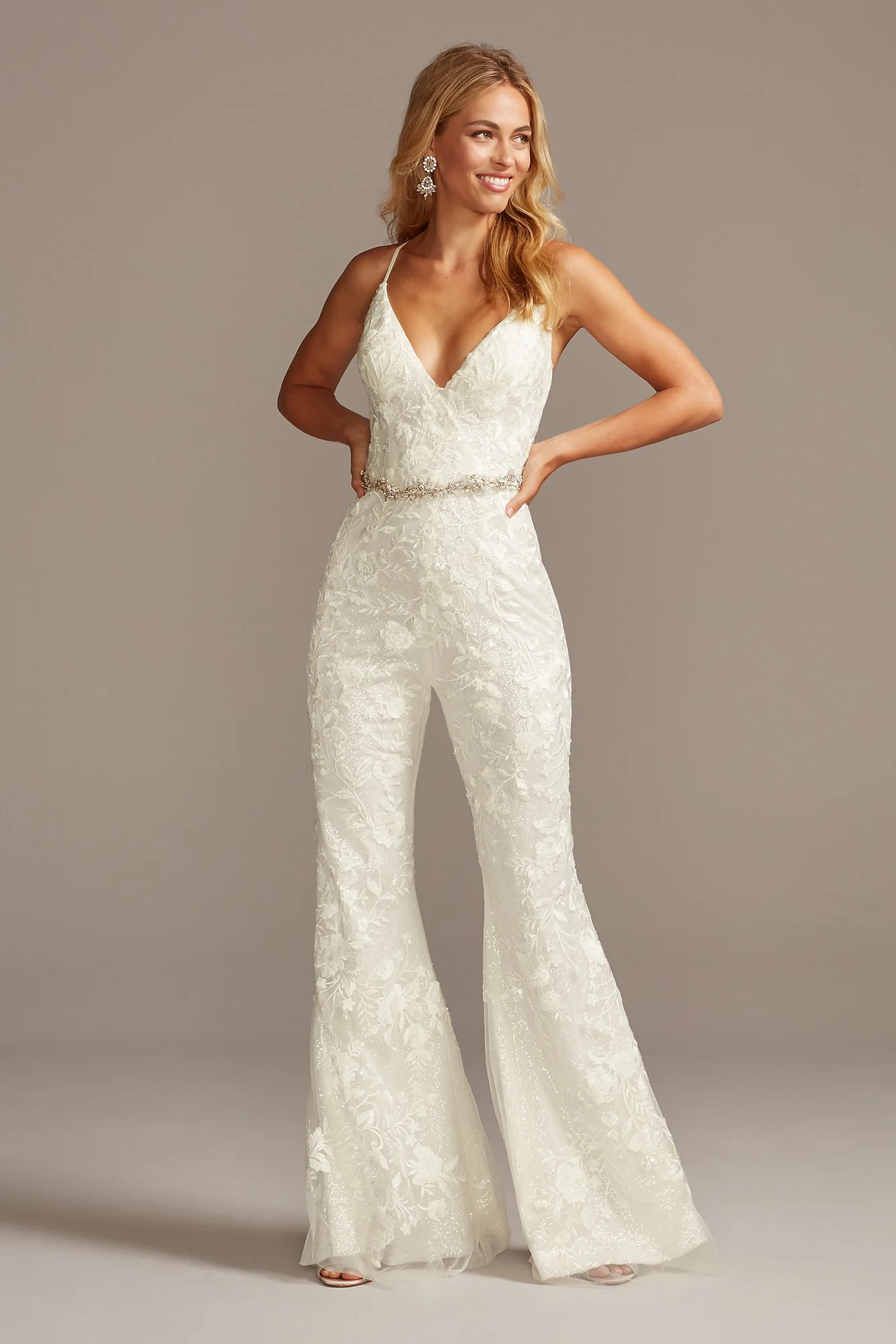 Floral Overlay Flare Leg Sequin Wedding Jumpsuit - Image 2