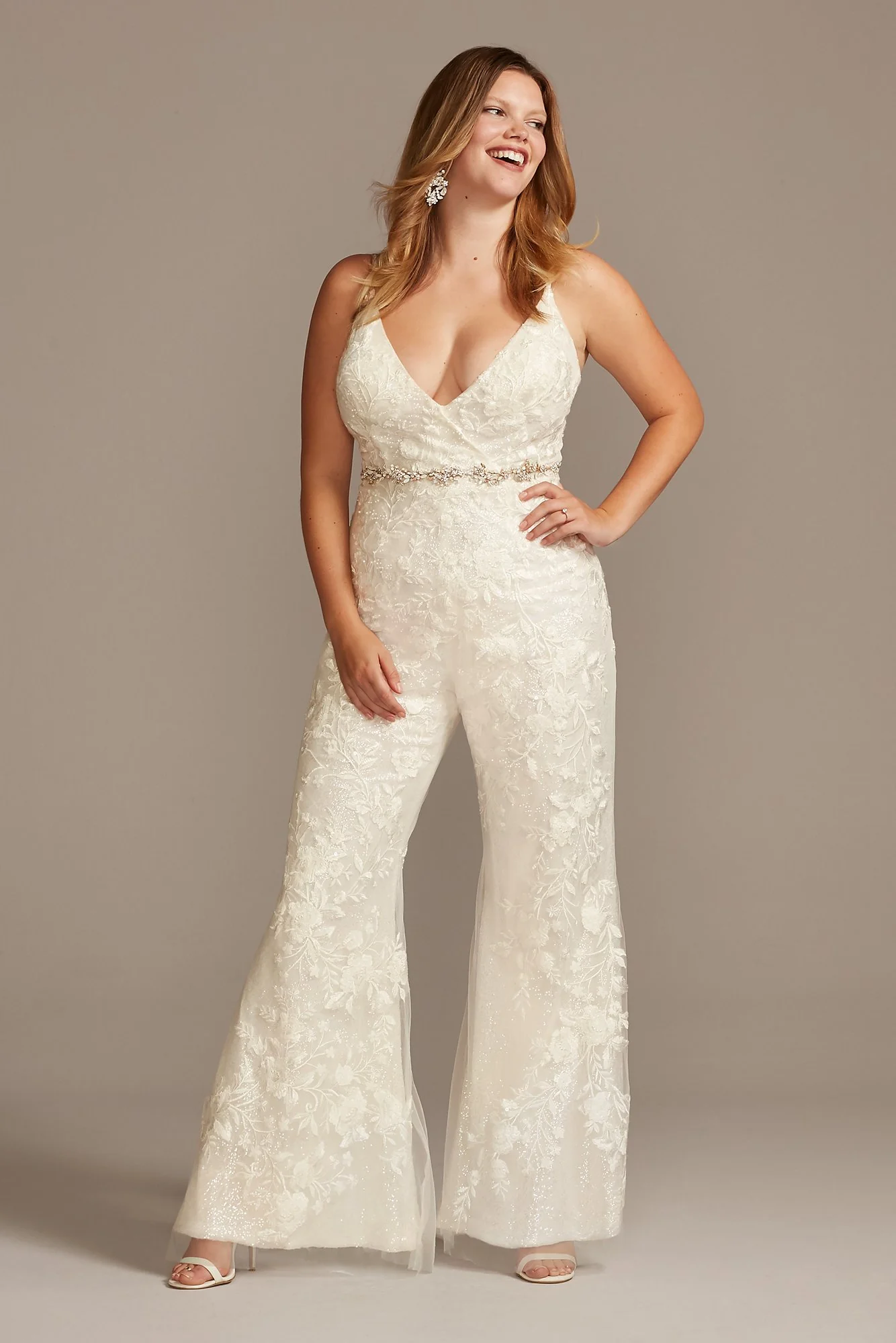 Floral Overlay Flare Leg Sequin Wedding Jumpsuit - Image 3