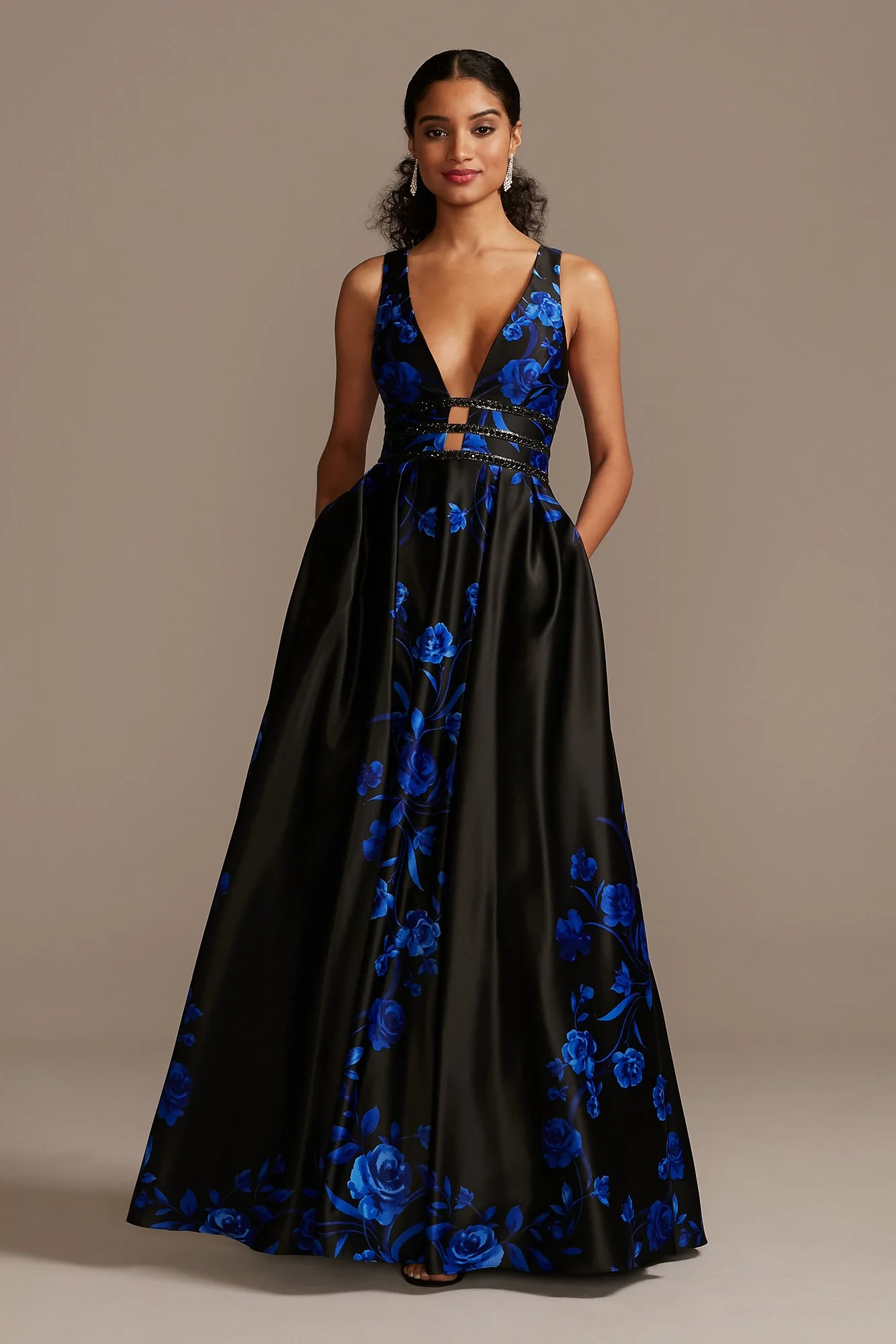 Floral Plunging-V Ball Gown with Embellished Bands