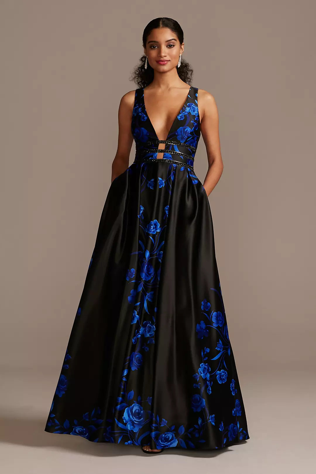 Floral Plunging-V Ball Gown with Embellished Bands - Image 4