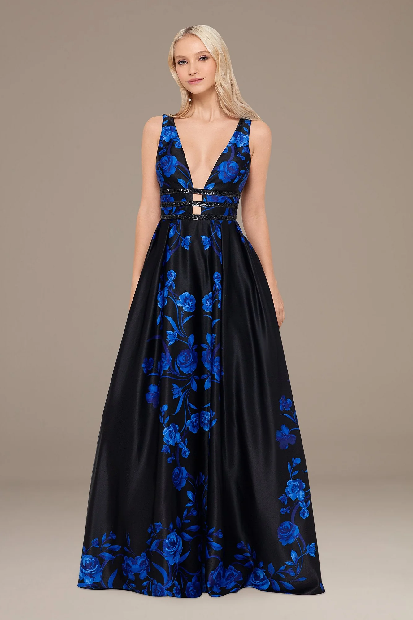 Floral Plunging-V Ball Gown with Embellished Bands - Image 2