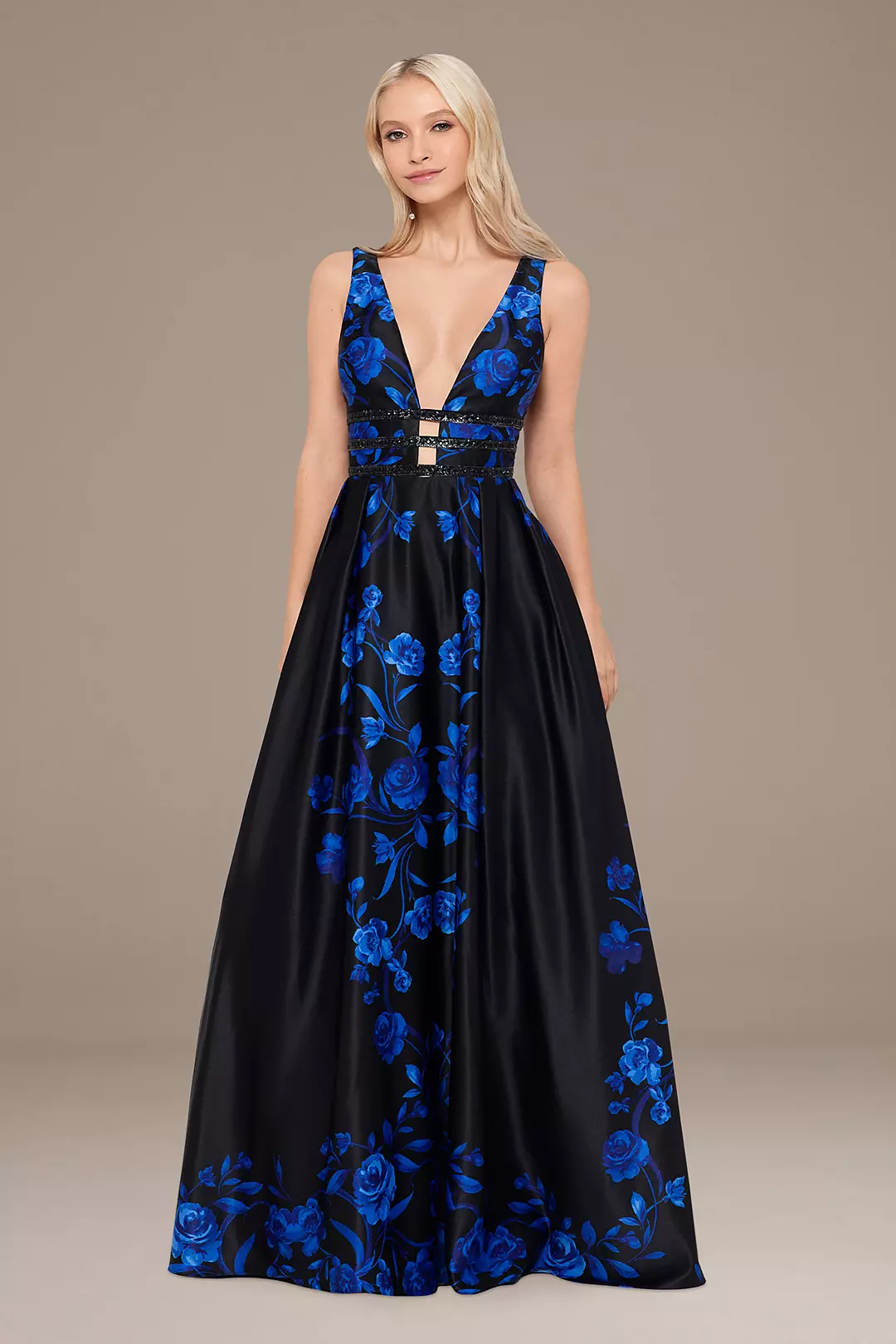 Floral Plunging-V Ball Gown with Embellished Bands - Image 6