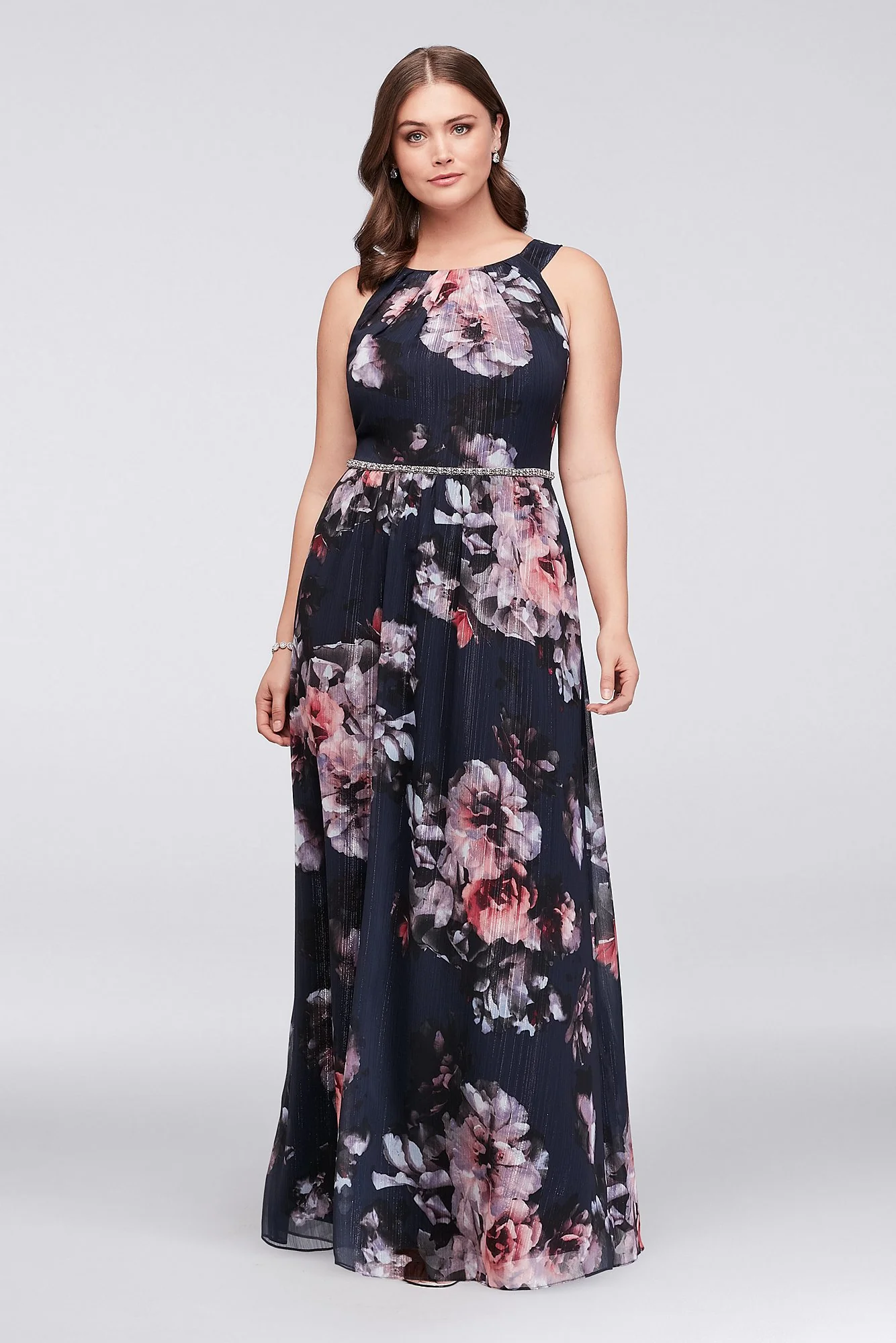 Floral Plus Size Halter Dress with Beaded Belt - Image 2