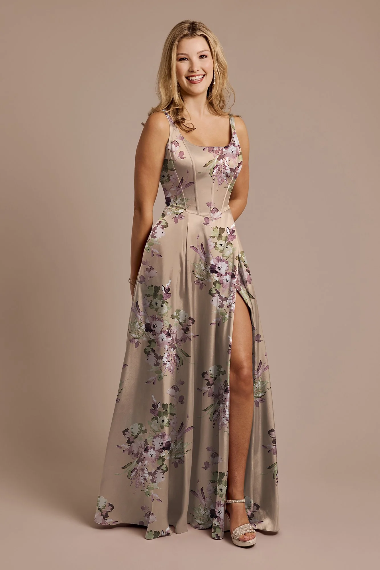 Floral Print Charmeuse Basque Waist Tank Dress - Image 3