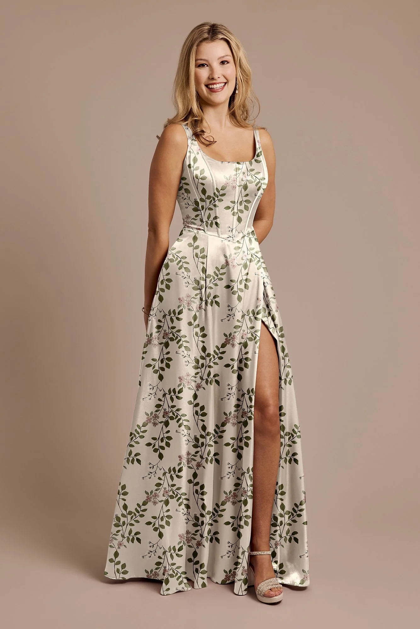 Floral Print Charmeuse Basque Waist Tank Dress - Image 5