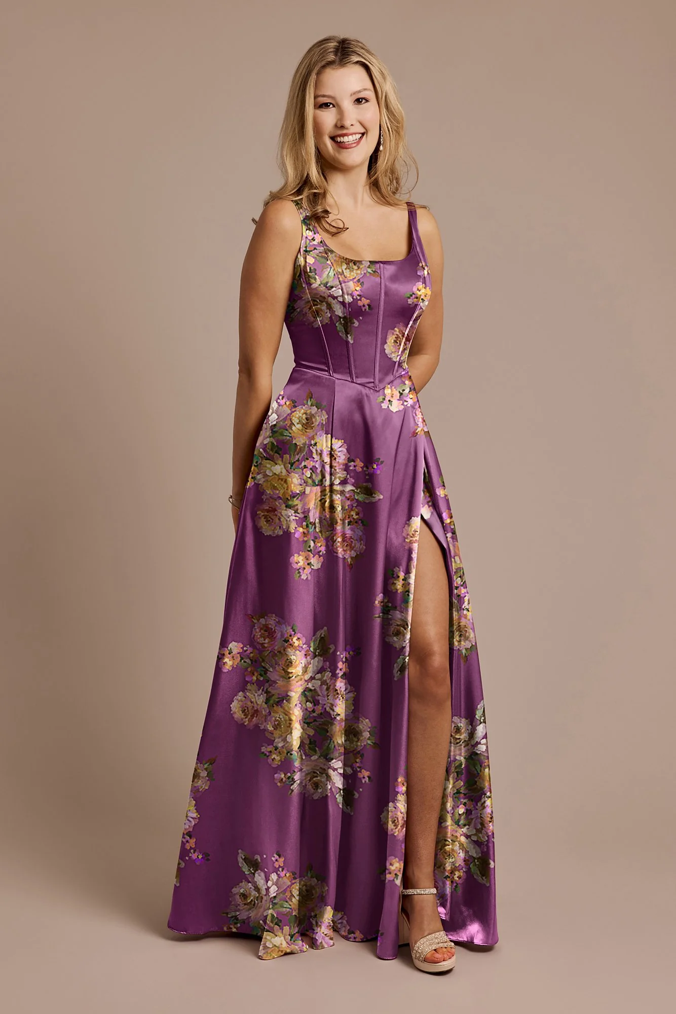 Floral Print Charmeuse Basque Waist Tank Dress - Image 7