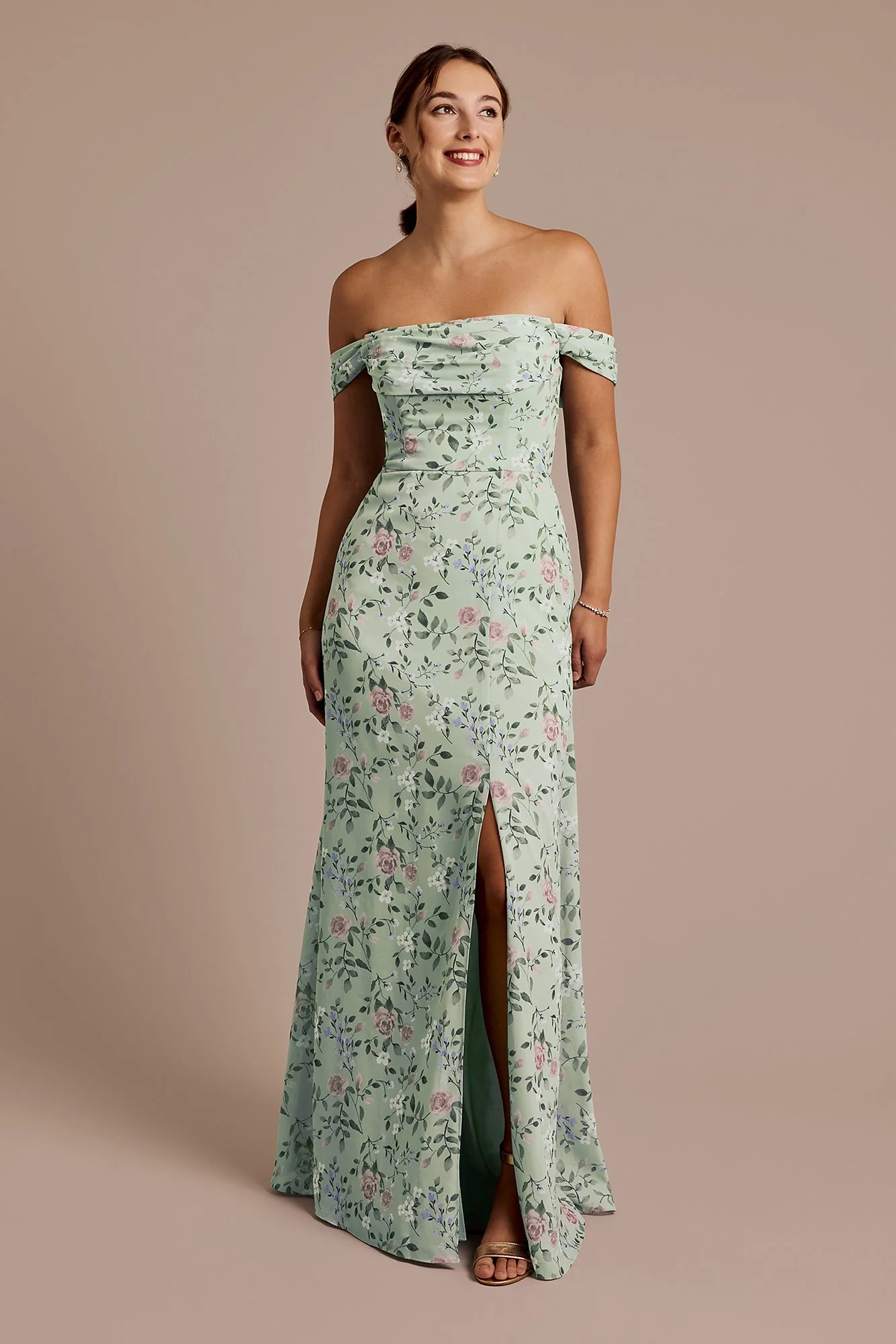 Floral Print Chiffon Off-the-Shoulder Draped Dress - Image 11
