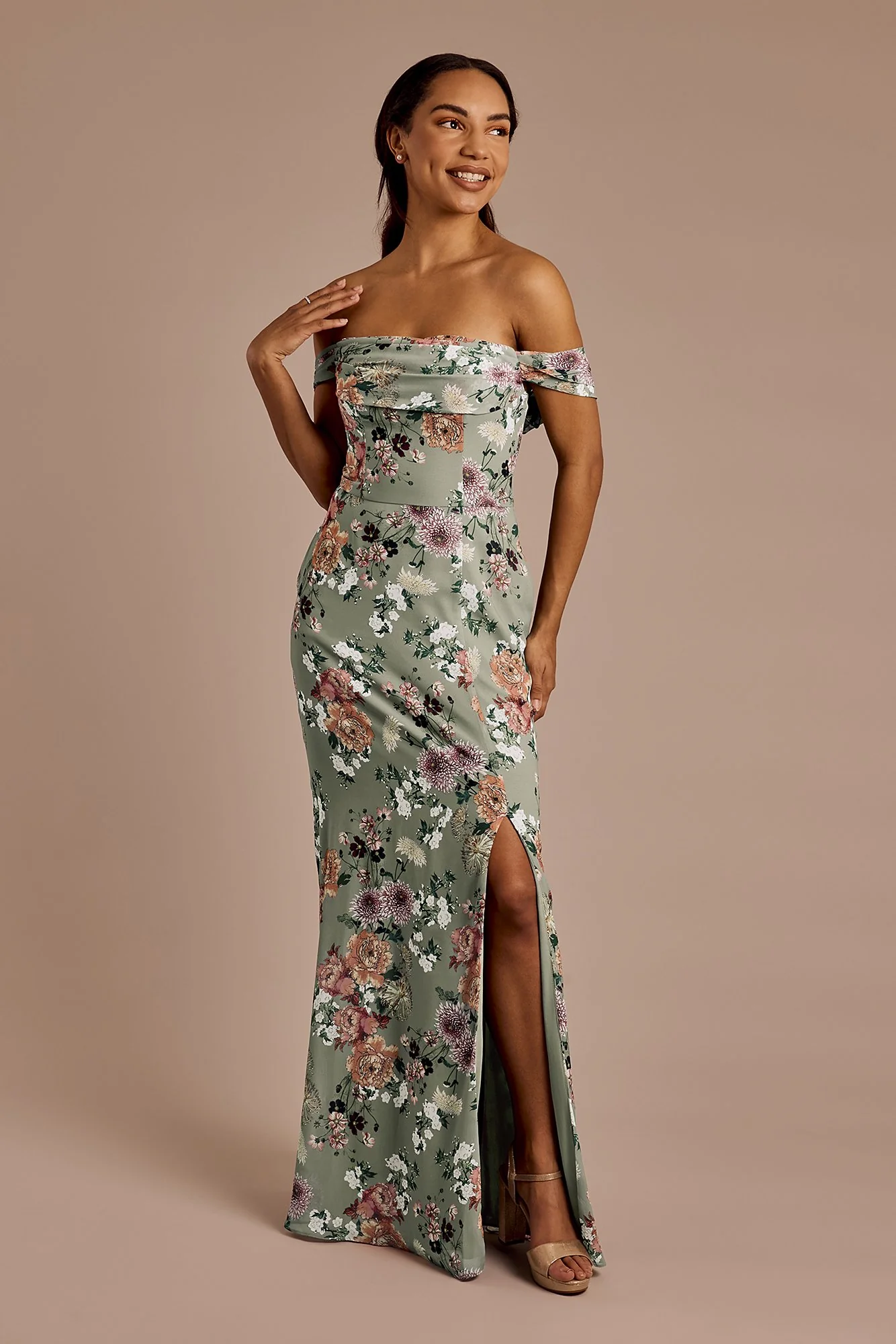 Floral Print Chiffon Off-the-Shoulder Draped Dress - Image 13