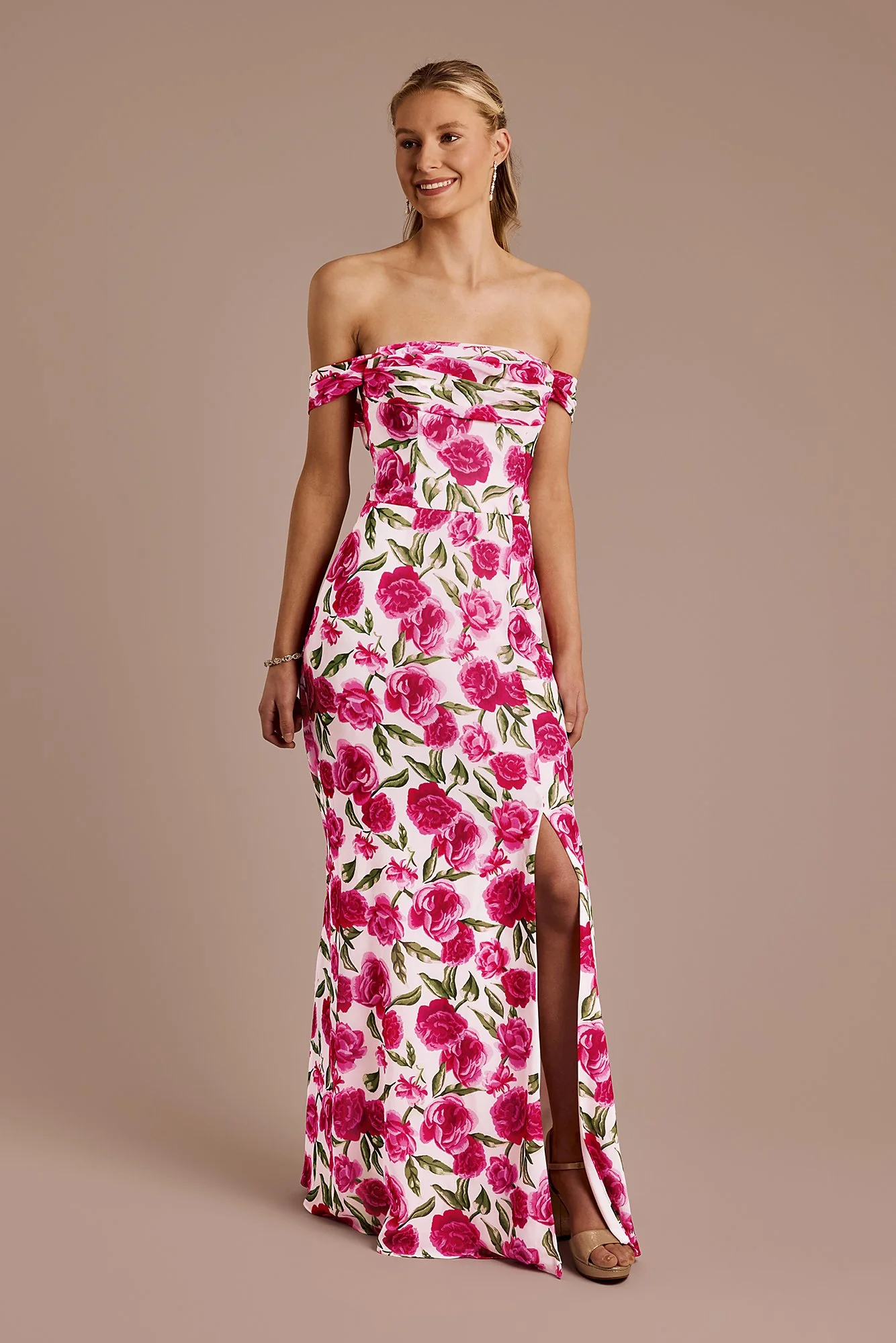 Floral Print Chiffon Off-the-Shoulder Draped Dress - Image 14
