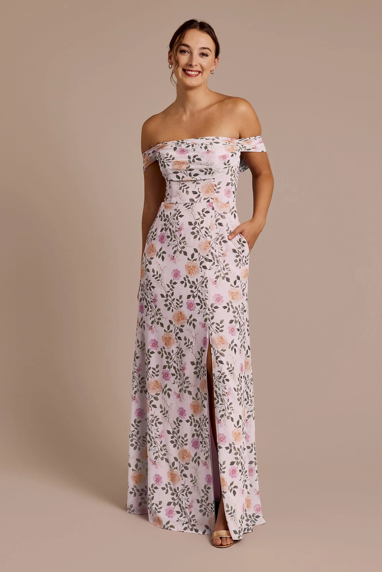 Floral Print Chiffon Off-the-Shoulder Draped Dress - Image 24
