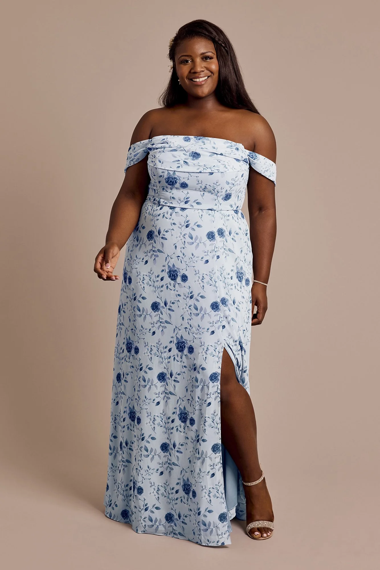Floral Print Chiffon Off-the-Shoulder Draped Dress - Image 27