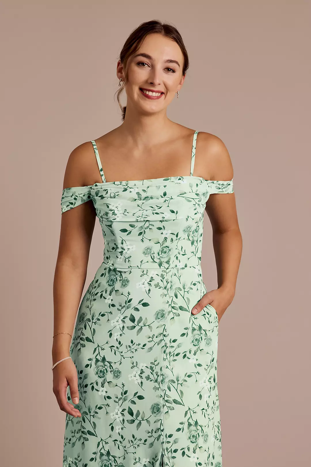 Floral Print Chiffon Off-the-Shoulder Draped Dress - Image 47