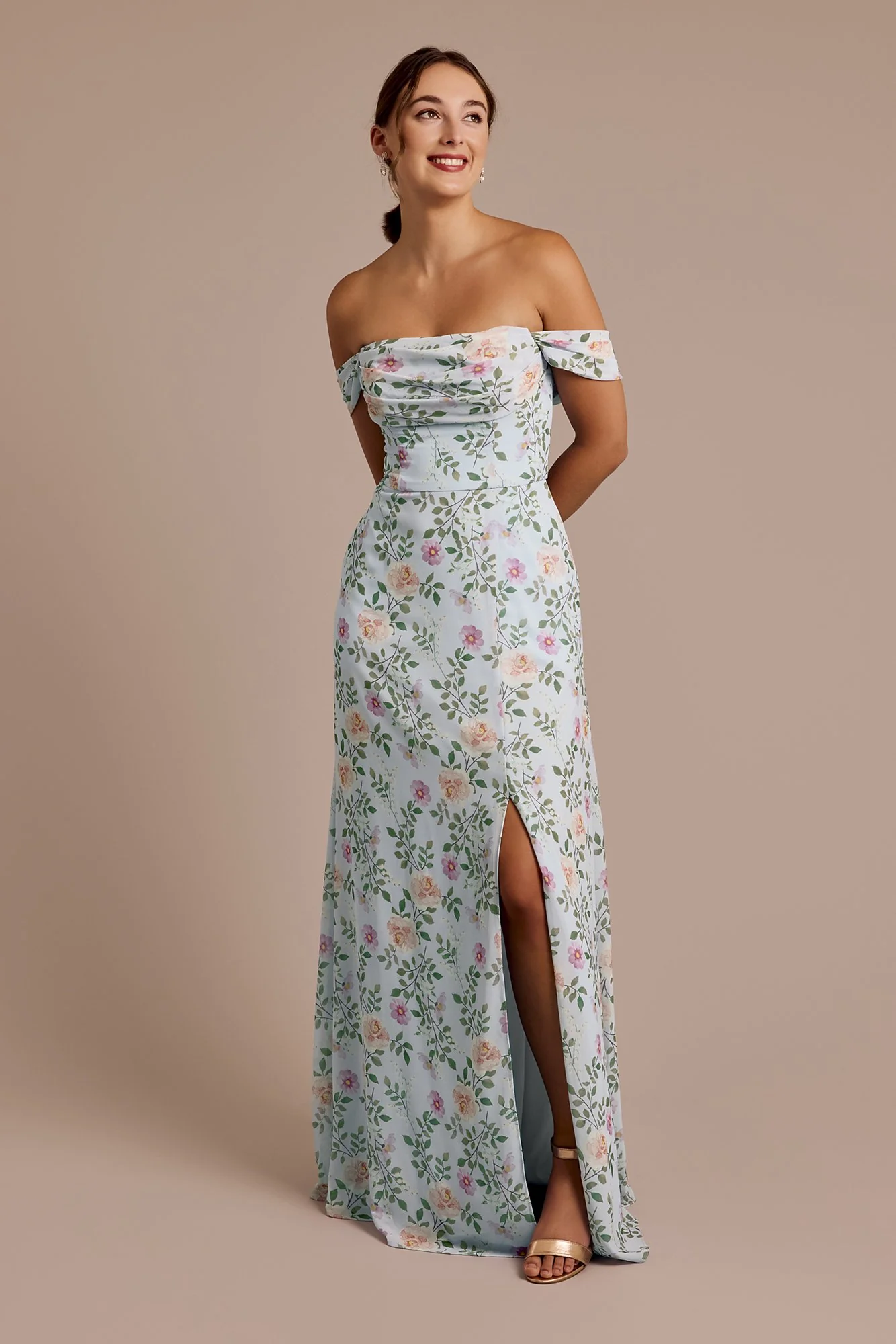 Floral Print Chiffon Off-the-Shoulder Draped Dress - Image 8