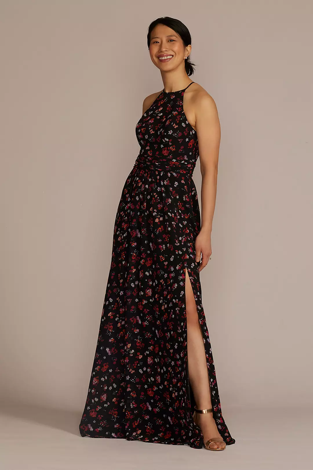 Floral Print Halter A-Line Dress with Slit - Image 3
